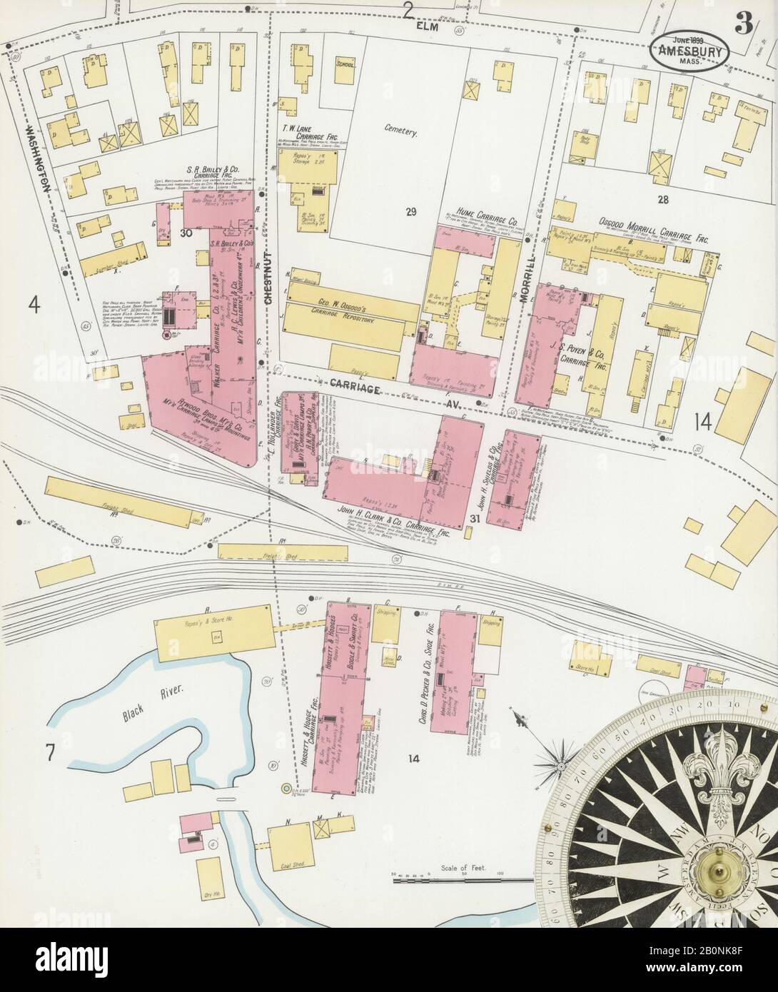 Immagine 3 Della Mappa Sanborn Fire Insurance Di Amesbury, Essex County, Massachusetts. Giu 1899. 14 fogli, America, mappa stradale con una bussola Del Xix Secolo Foto Stock