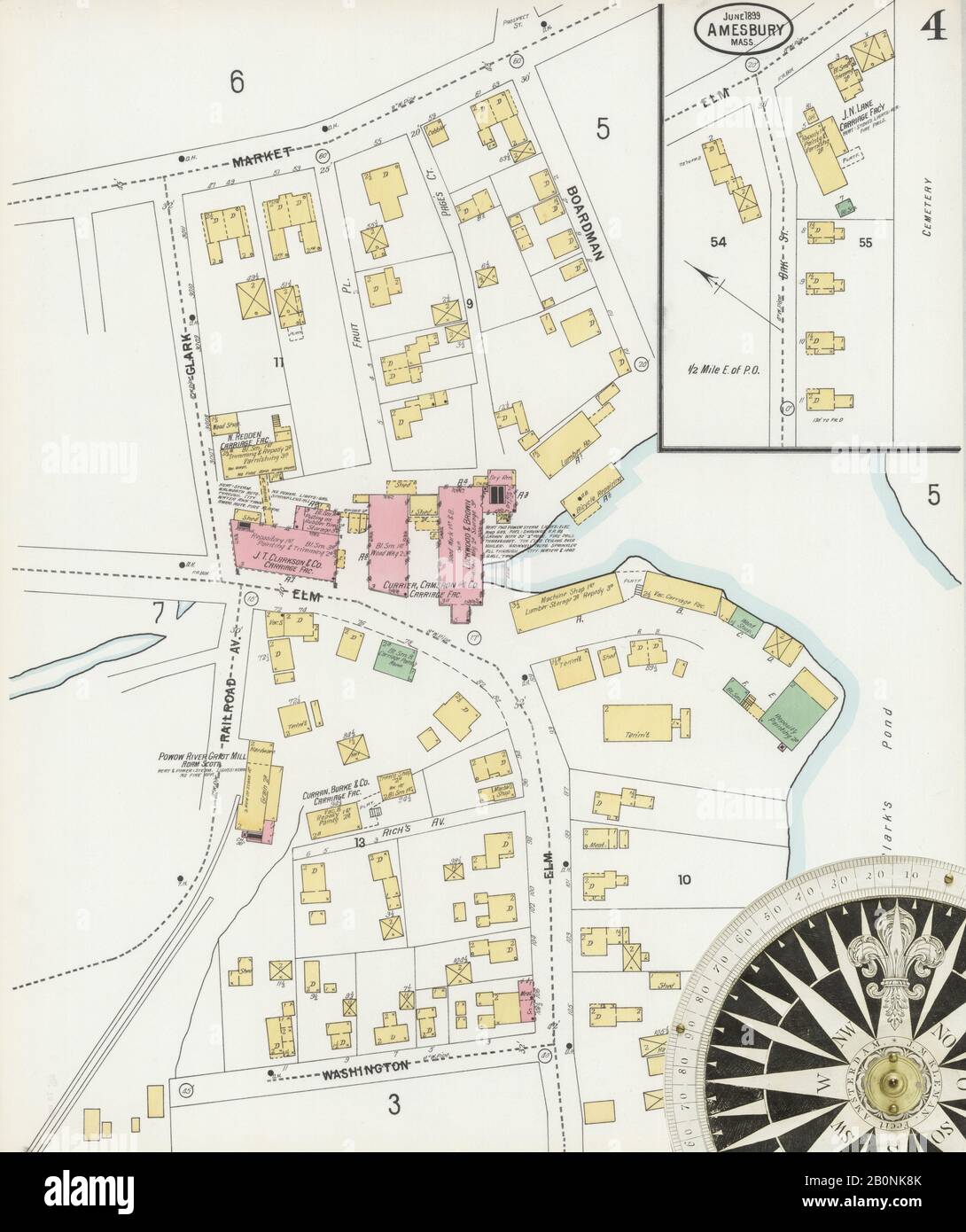 Immagine 4 Della Mappa Sanborn Fire Insurance Di Amesbury, Essex County, Massachusetts. Giu 1899. 14 fogli, America, mappa stradale con una bussola Del Xix Secolo Foto Stock