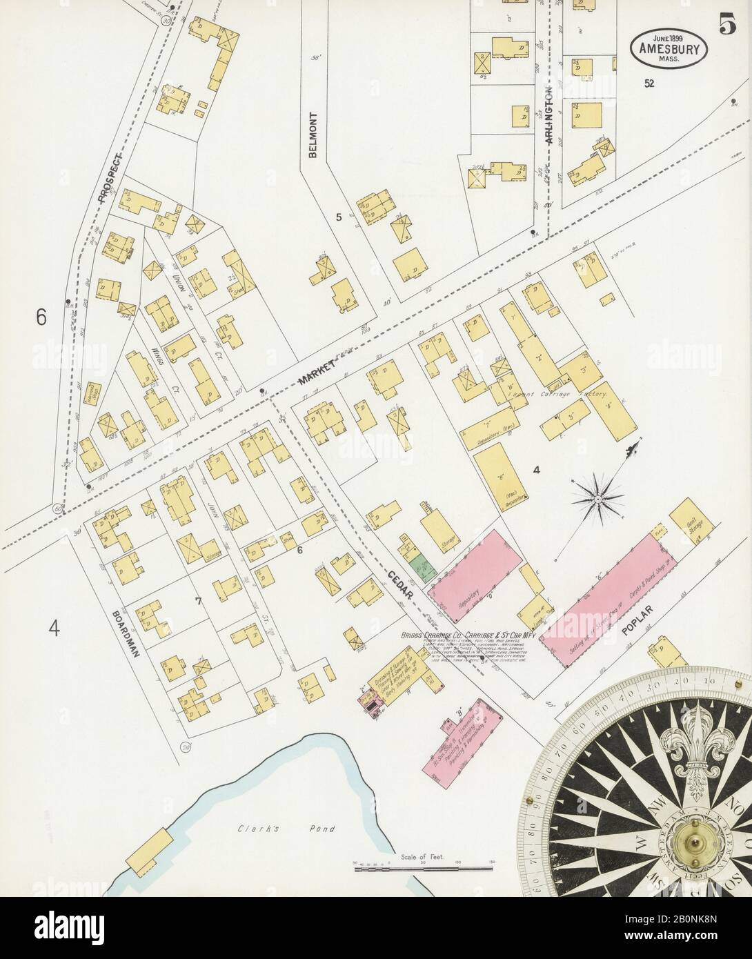 Immagine 5 Della Mappa Sanborn Fire Insurance Di Amesbury, Essex County, Massachusetts. Giu 1899. 14 fogli, America, mappa stradale con una bussola Del Xix Secolo Foto Stock