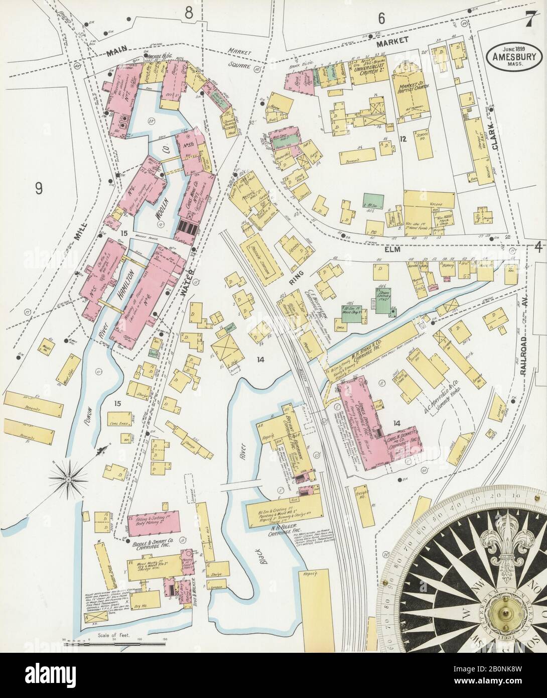 Immagine 7 Della Mappa Sanborn Fire Insurance Di Amesbury, Essex County, Massachusetts. Giu 1899. 14 fogli, America, mappa stradale con una bussola Del Xix Secolo Foto Stock