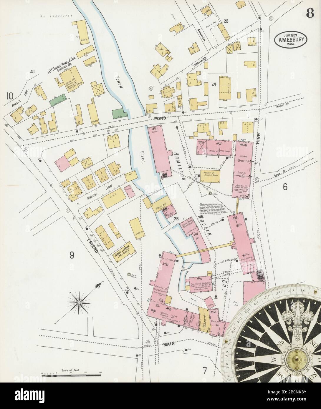 Immagine 8 Della Mappa Sanborn Fire Insurance Di Amesbury, Essex County, Massachusetts. Giu 1899. 14 fogli, America, mappa stradale con una bussola Del Xix Secolo Foto Stock