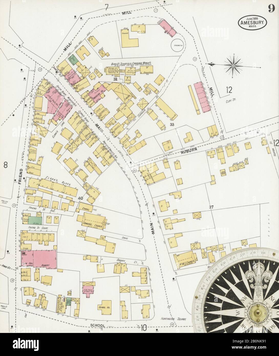 Immagine 9 Della Mappa Sanborn Fire Insurance Di Amesbury, Essex County, Massachusetts. Giu 1899. 14 fogli, America, mappa stradale con una bussola Del Xix Secolo Foto Stock