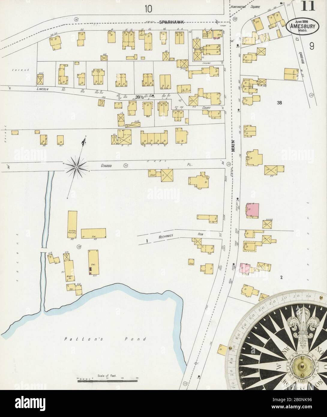 Immagine 11 Della Mappa Sanborn Fire Insurance Di Amesbury, Essex County, Massachusetts. Giu 1899. 14 fogli, America, mappa stradale con una bussola Del Xix Secolo Foto Stock