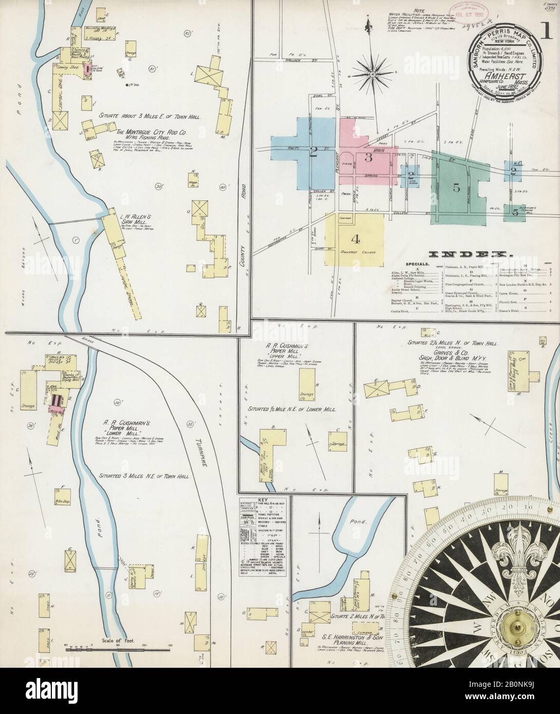 Immagine 1 Della Mappa Sanborn Fire Insurance Di Amherst, Hampshire County, Massachusetts. Giu 1892. 5 fogli, America, mappa stradale con una bussola Del Xix Secolo Foto Stock