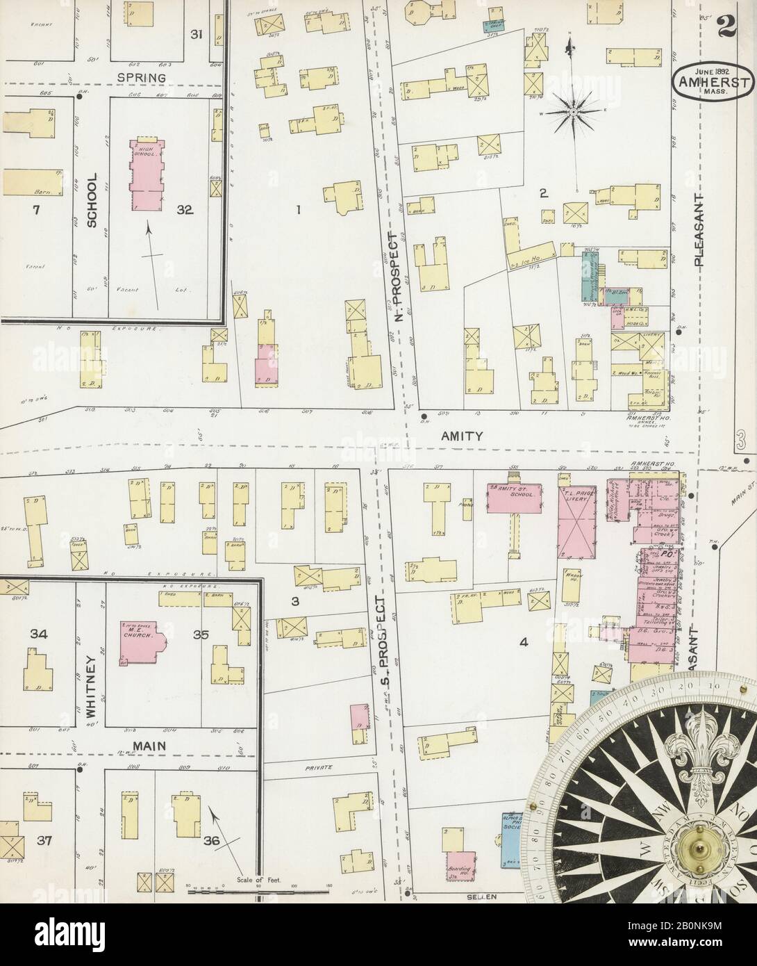 Immagine 2 Della Mappa Sanborn Fire Insurance Di Amherst, Hampshire County, Massachusetts. Giu 1892. 5 fogli, America, mappa stradale con una bussola Del Xix Secolo Foto Stock