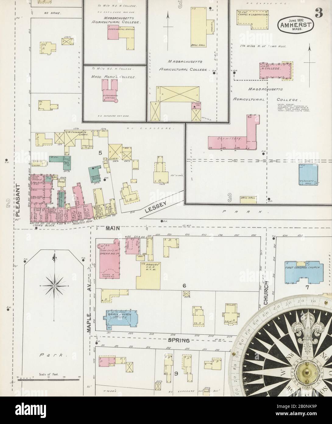 Immagine 3 Della Mappa Sanborn Fire Insurance Di Amherst, Hampshire County, Massachusetts. Giu 1892. 5 fogli, America, mappa stradale con una bussola Del Xix Secolo Foto Stock