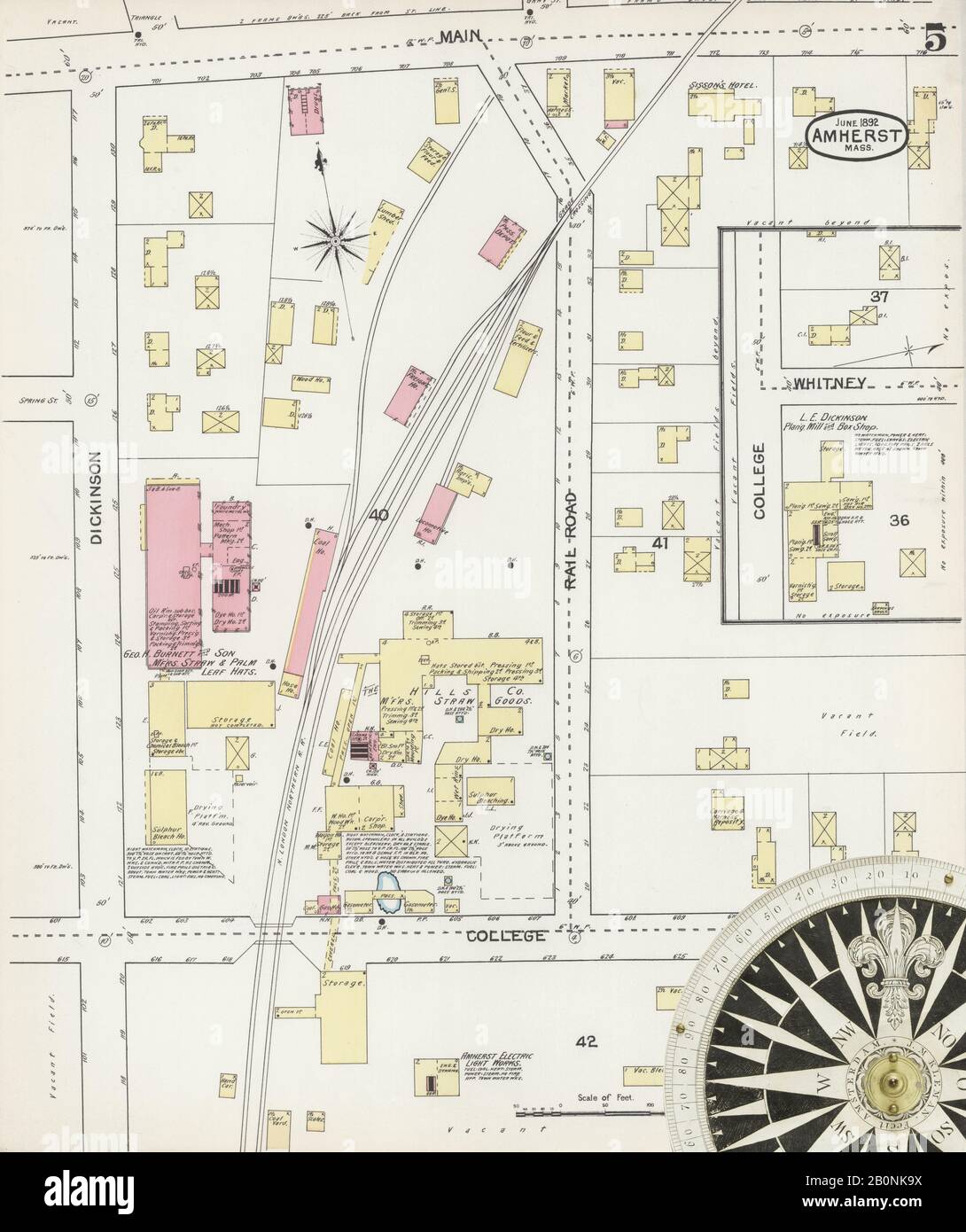 Immagine 5 Della Mappa Sanborn Fire Insurance Di Amherst, Hampshire County, Massachusetts. Giu 1892. 5 fogli, America, mappa stradale con una bussola Del Xix Secolo Foto Stock