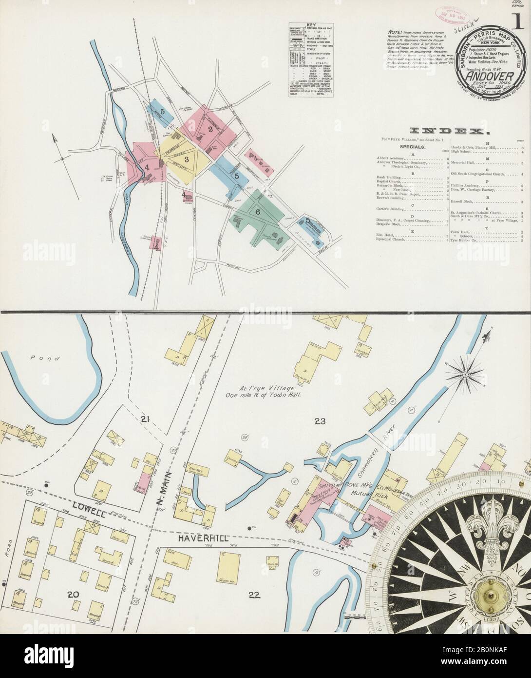 Immagine 1 Della Mappa Sanborn Fire Insurance Di Andover, Essex County, Massachusetts. Lug 1892. 6 fogli, America, mappa stradale con una bussola Del Xix Secolo Foto Stock