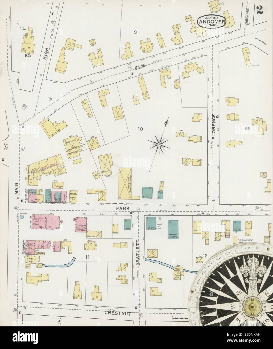 Immagine 2 Della Mappa Sanborn Fire Insurance Di Andover, Essex County, Massachusetts. Lug 1892. 6 fogli, America, mappa stradale con una bussola Del Xix Secolo Foto Stock