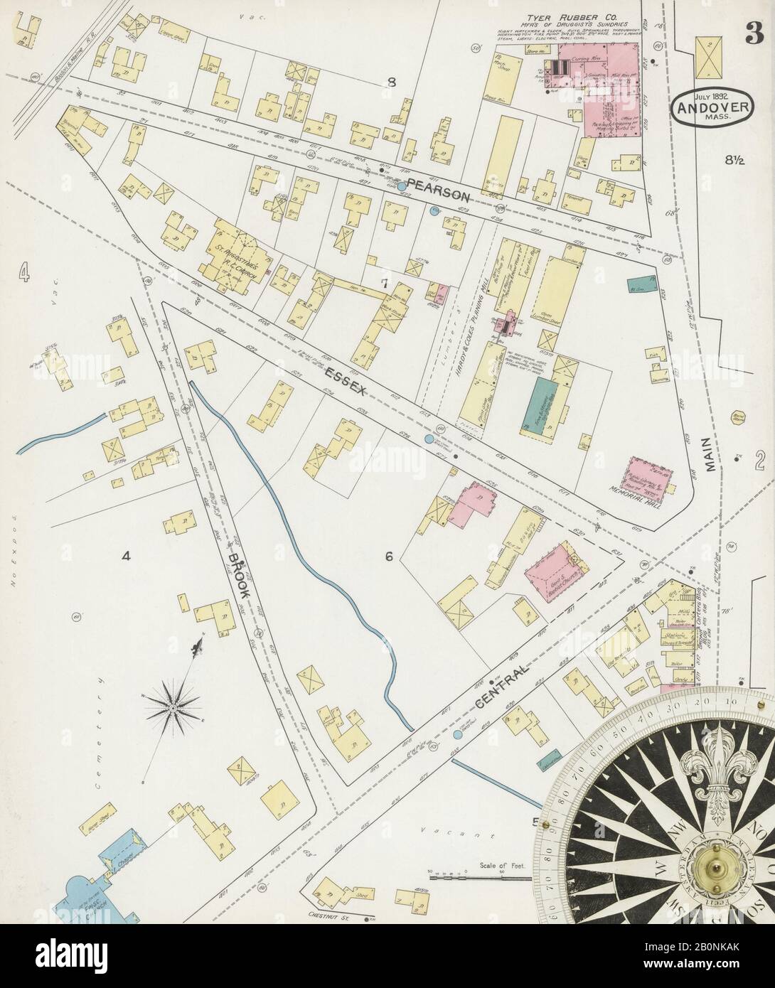 Immagine 3 Della Mappa Sanborn Fire Insurance Di Andover, Essex County, Massachusetts. Lug 1892. 6 fogli, America, mappa stradale con una bussola Del Xix Secolo Foto Stock
