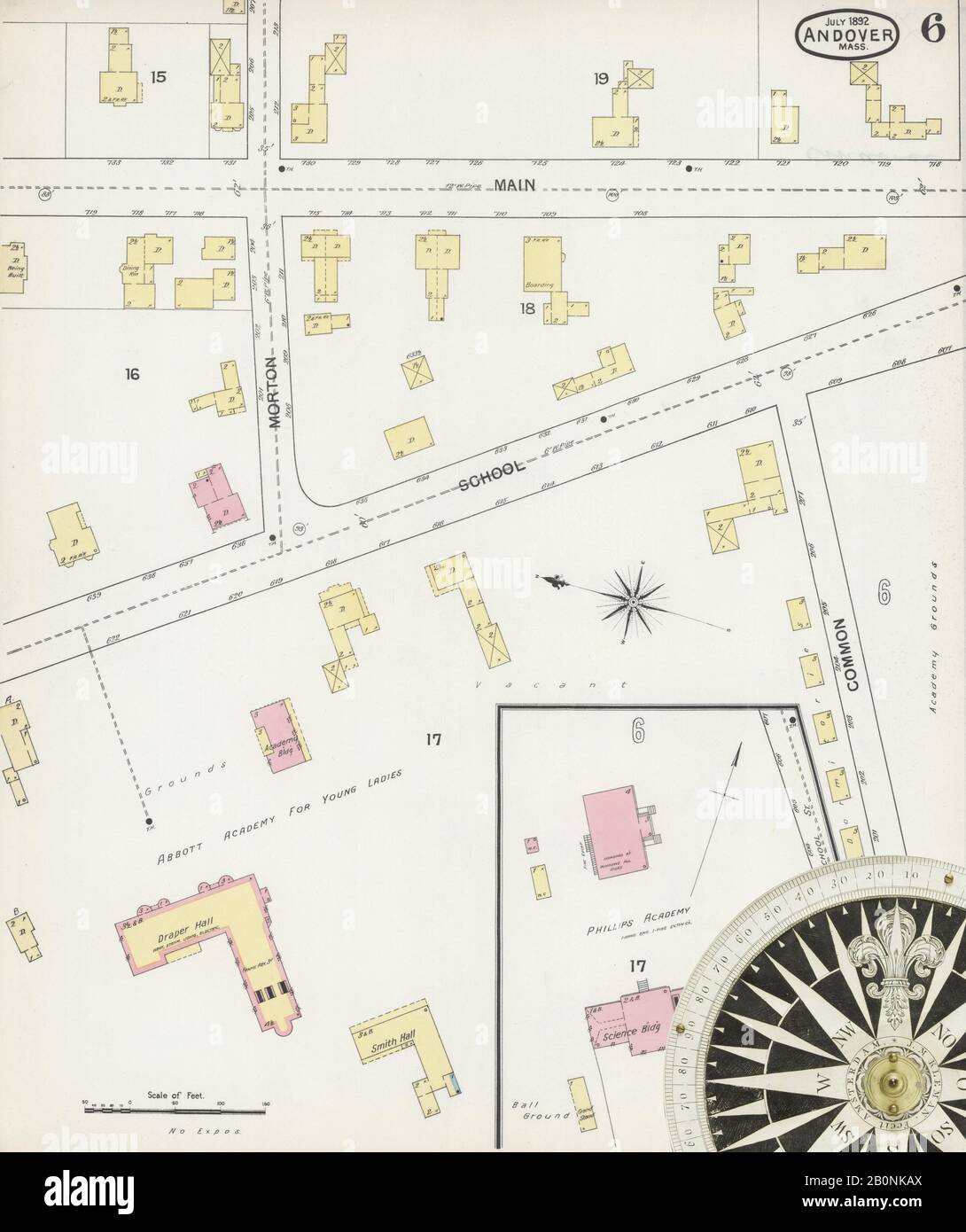 Immagine 6 Della Mappa Sanborn Fire Insurance Di Andover, Essex County, Massachusetts. Lug 1892. 6 fogli, America, mappa stradale con una bussola Del Xix Secolo Foto Stock