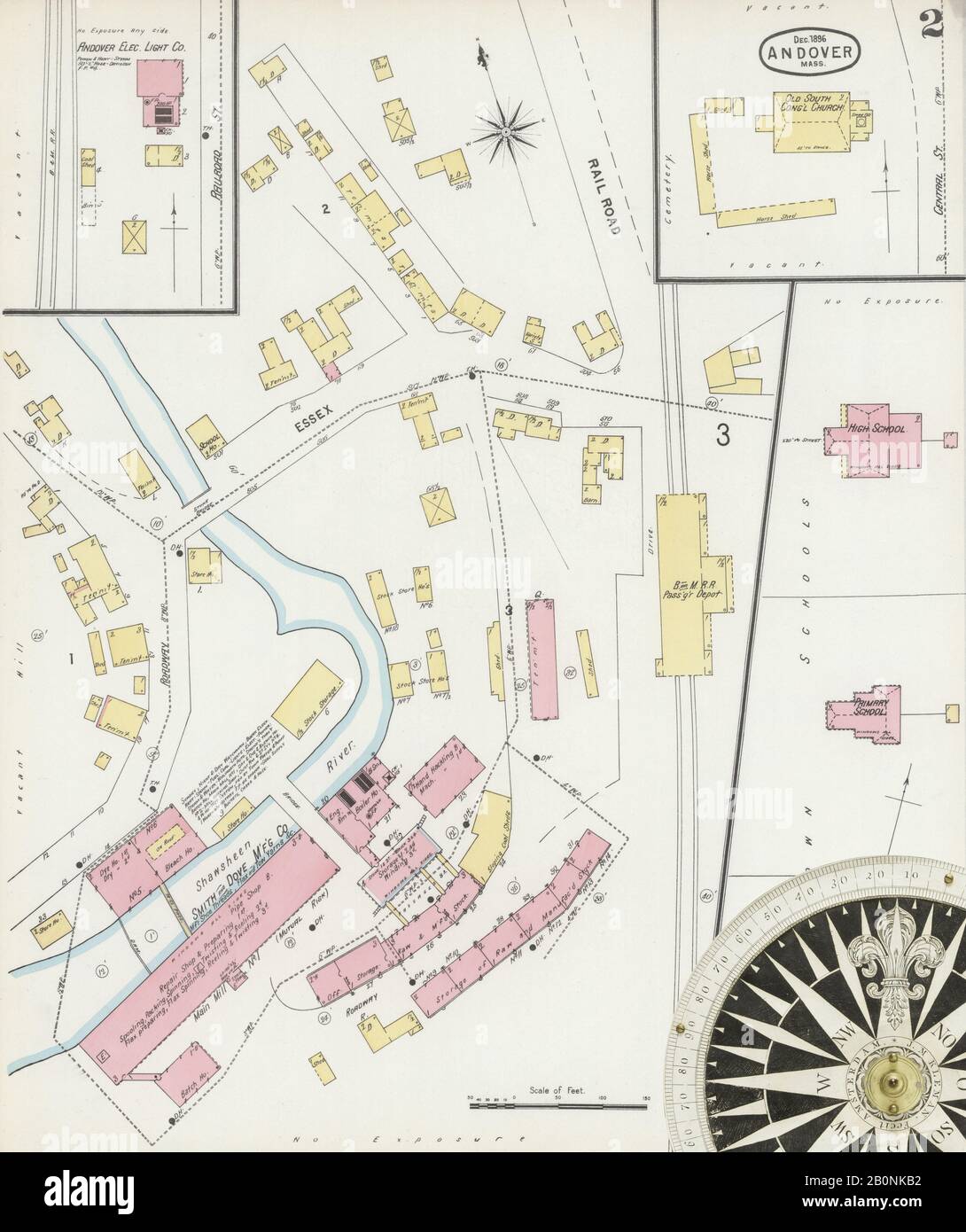 Immagine 2 Della Mappa Sanborn Fire Insurance Di Andover, Essex County, Massachusetts. Dic 1896. 6 fogli, America, mappa stradale con una bussola Del Xix Secolo Foto Stock