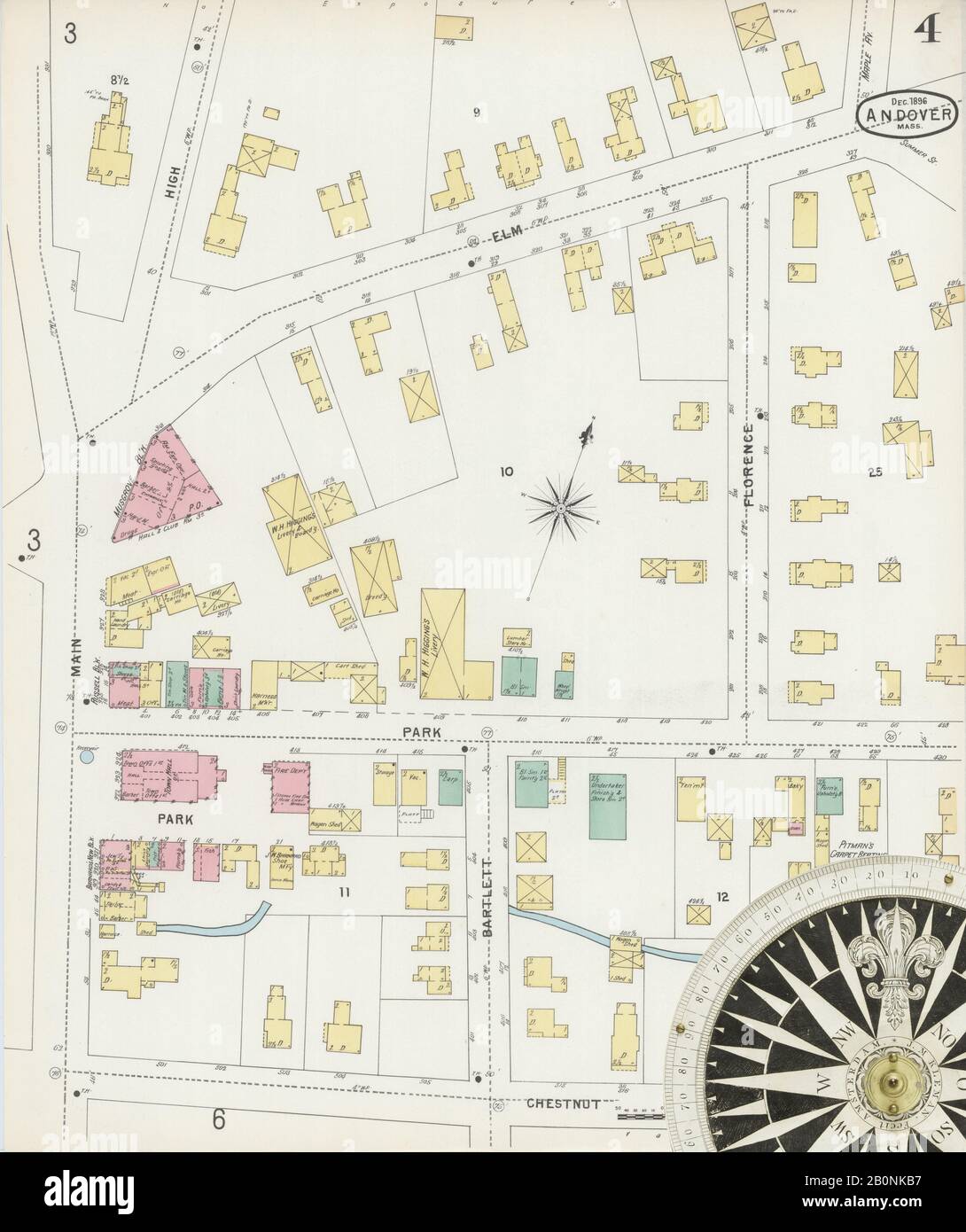 Immagine 4 Della Mappa Sanborn Fire Insurance Di Andover, Essex County, Massachusetts. Dic 1896. 6 fogli, America, mappa stradale con una bussola Del Xix Secolo Foto Stock