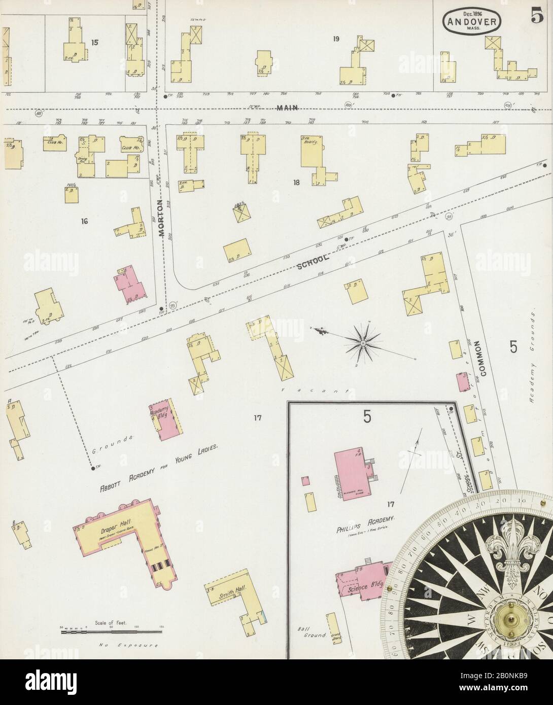 Immagine 5 Della Mappa Sanborn Fire Insurance Di Andover, Essex County, Massachusetts. Dic 1896. 6 fogli, America, mappa stradale con una bussola Del Xix Secolo Foto Stock