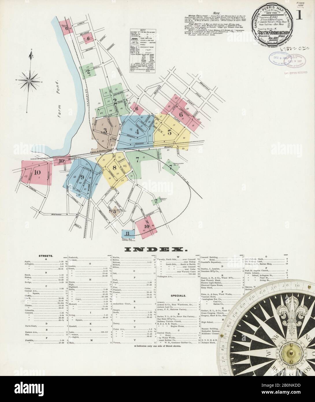 Immagine 1 Della Mappa Sanborn Fire Insurance Di South Farmington, Middlesex County, Massachusetts. Nov 1897. 11 fogli, America, mappa stradale con una bussola Del Xix Secolo Foto Stock