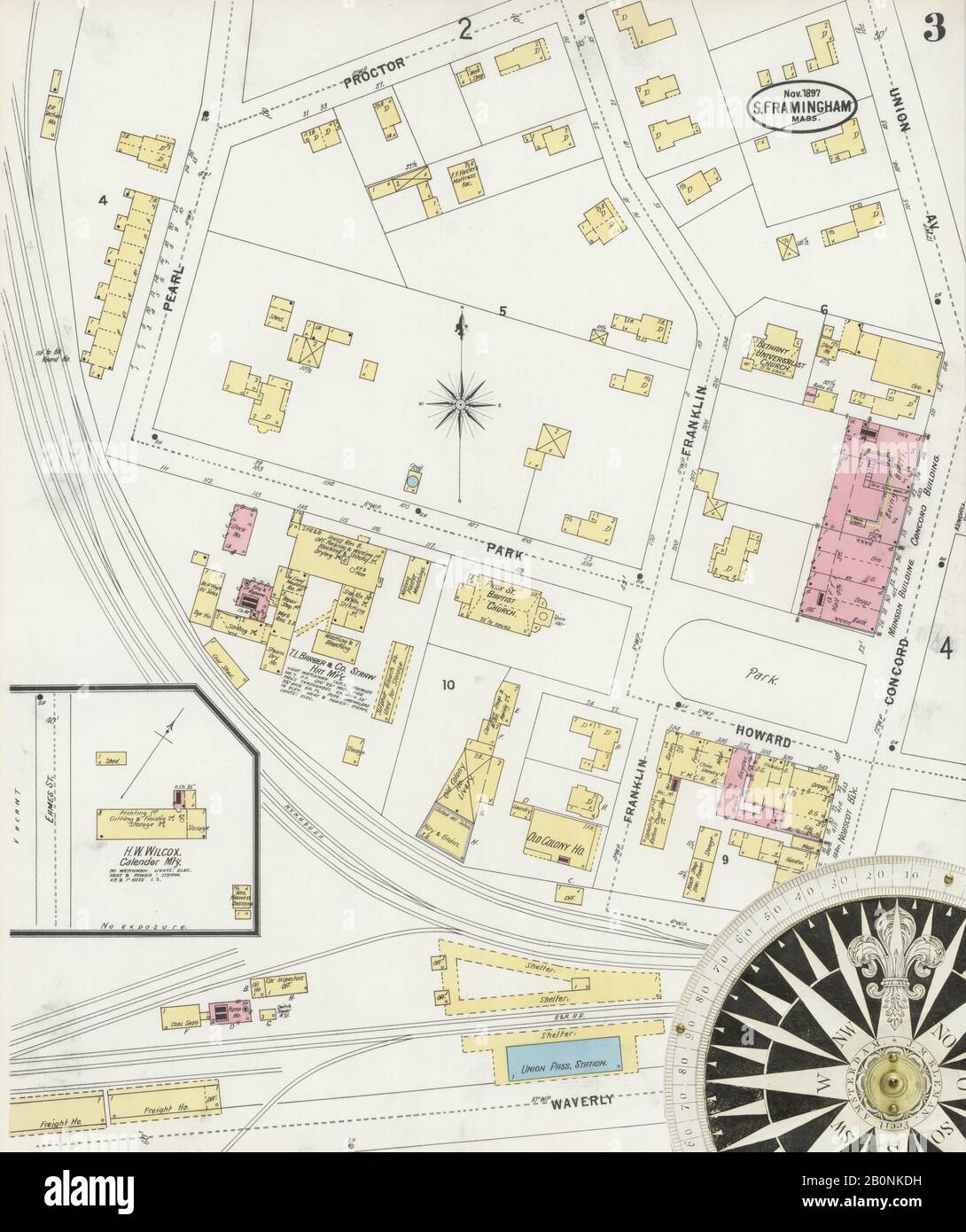 Immagine 3 Della Mappa Sanborn Fire Insurance Di South Farmington, Middlesex County, Massachusetts. Nov 1897. 11 fogli, America, mappa stradale con una bussola Del Xix Secolo Foto Stock