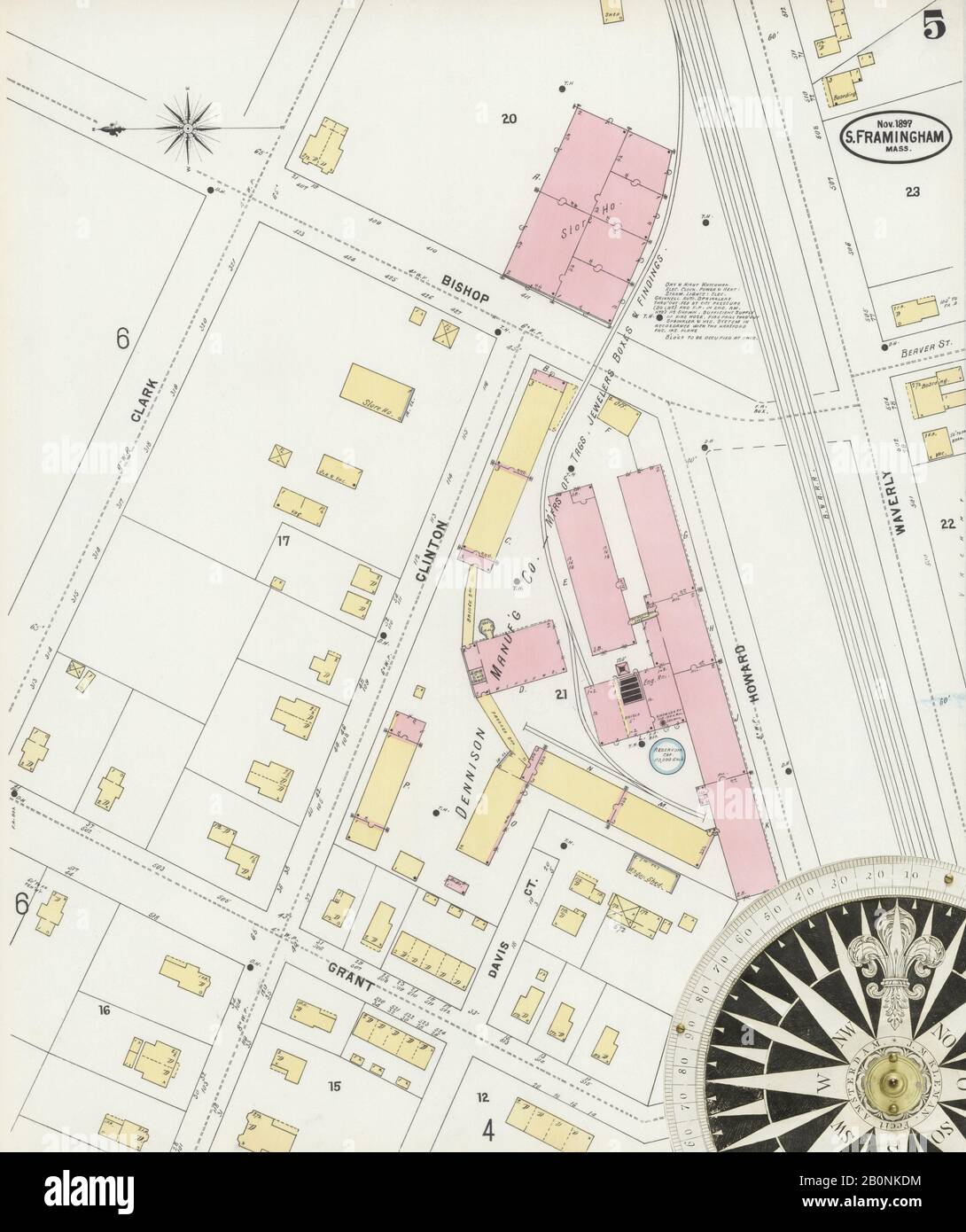 Immagine 5 Della Mappa Sanborn Fire Insurance Di South Farmington, Middlesex County, Massachusetts. Nov 1897. 11 fogli, America, mappa stradale con una bussola Del Xix Secolo Foto Stock