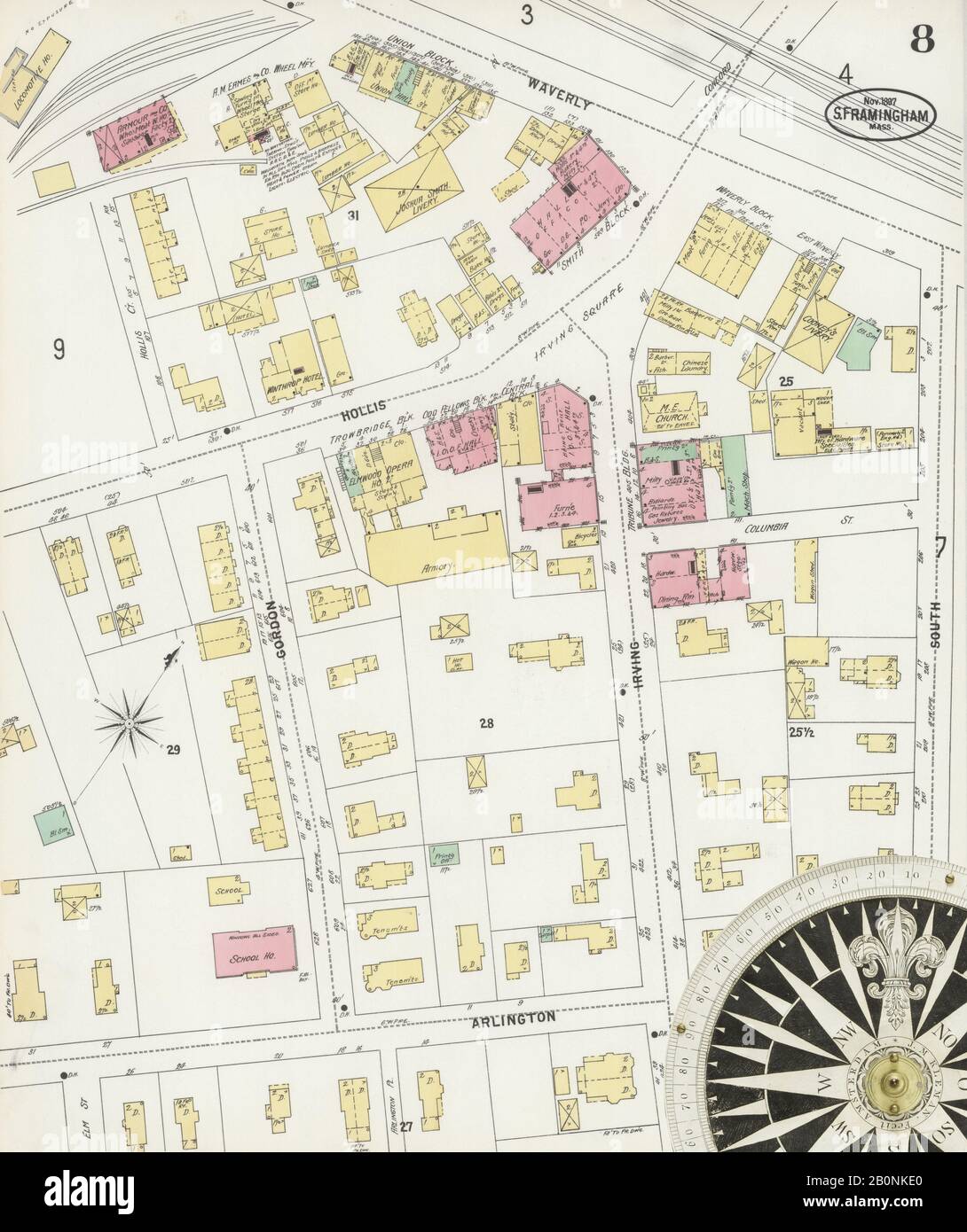 Immagine 8 Della Mappa Sanborn Fire Insurance Di South Farmington, Middlesex County, Massachusetts. Nov 1897. 11 fogli, America, mappa stradale con una bussola Del Xix Secolo Foto Stock