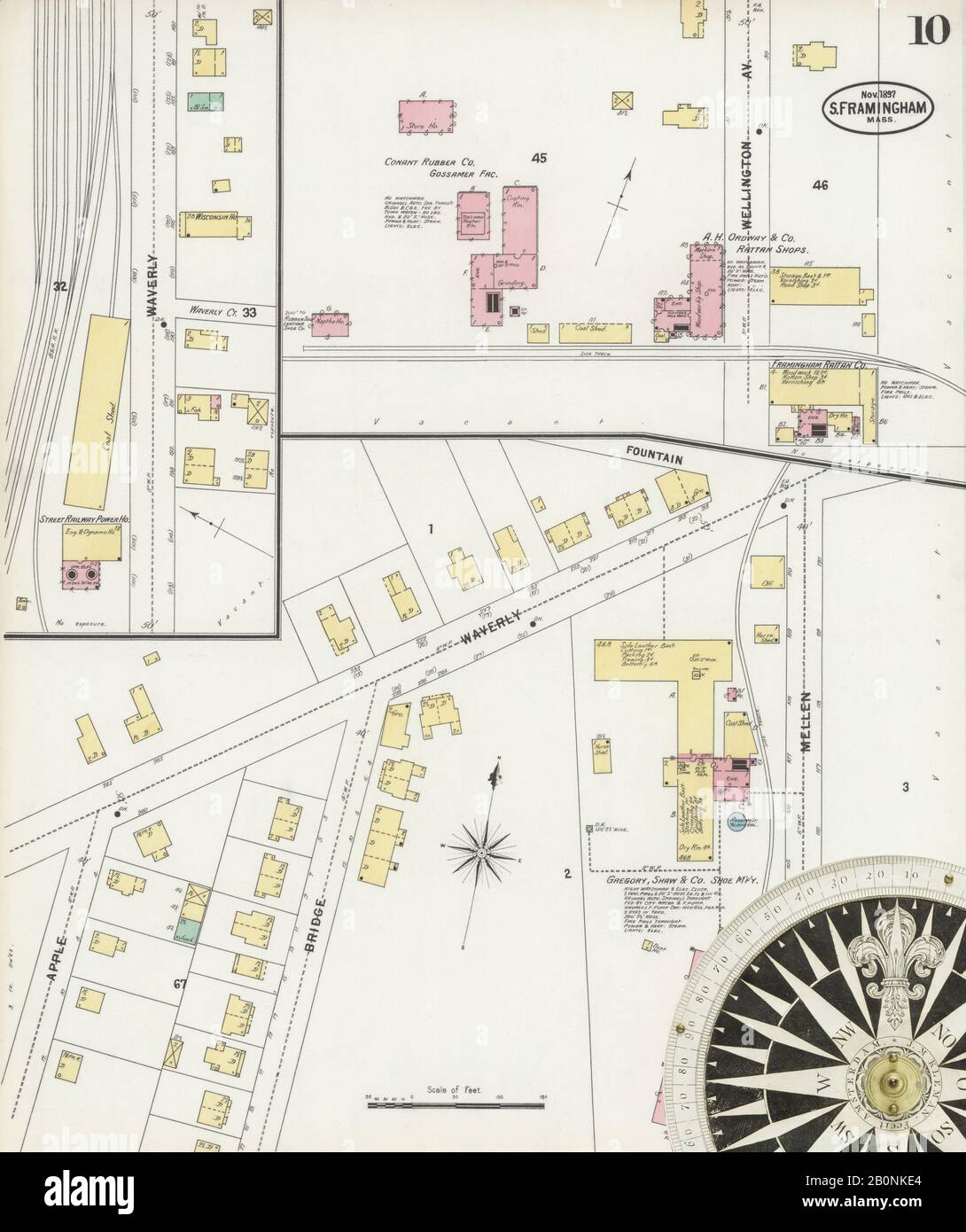 Immagine 10 Della Mappa Sanborn Fire Insurance Di South Farmington, Middlesex County, Massachusetts. Nov 1897. 11 fogli, America, mappa stradale con una bussola Del Xix Secolo Foto Stock