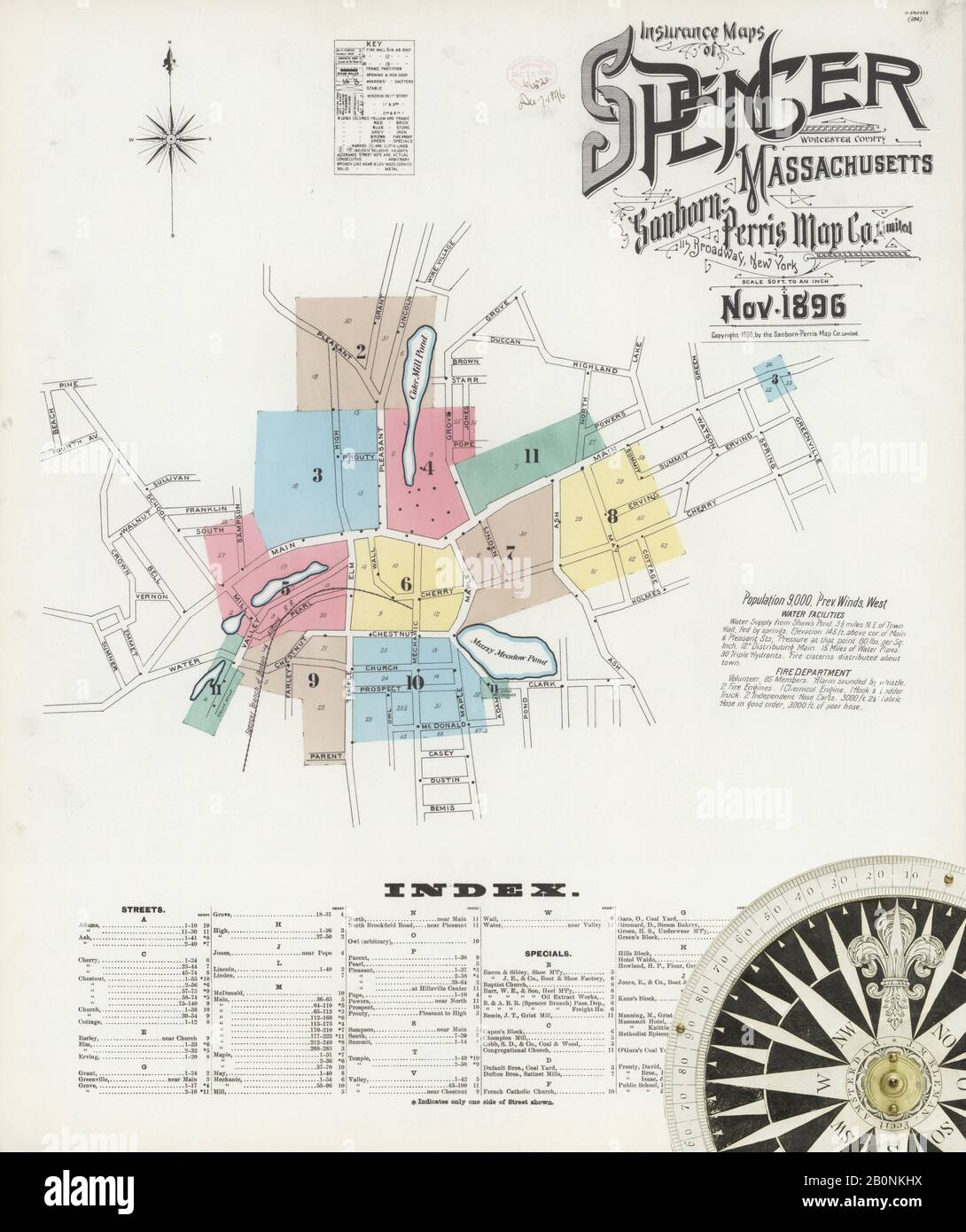 Immagine 1 Della Mappa Sanborn Fire Insurance Di Spencer, Worcester County, Massachusetts. Nov 1896. 11 fogli, America, mappa stradale con una bussola Del Xix Secolo Foto Stock