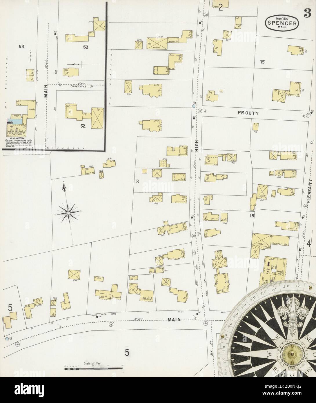 Immagine 3 Della Mappa Sanborn Fire Insurance Di Spencer, Worcester County, Massachusetts. Nov 1896. 11 fogli, America, mappa stradale con una bussola Del Xix Secolo Foto Stock