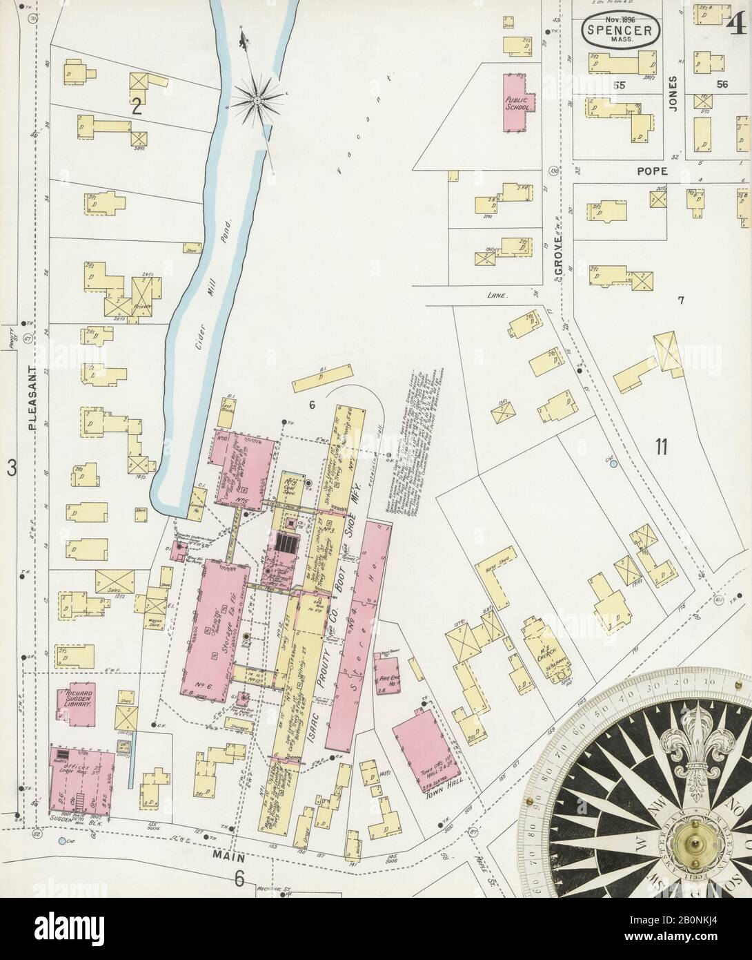 Immagine 4 Della Mappa Sanborn Fire Insurance Di Spencer, Worcester County, Massachusetts. Nov 1896. 11 fogli, America, mappa stradale con una bussola Del Xix Secolo Foto Stock