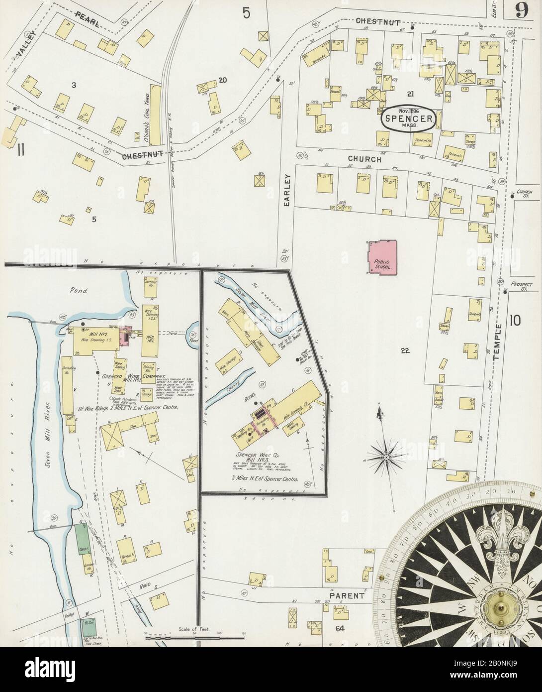 Immagine 9 Della Mappa Sanborn Fire Insurance Di Spencer, Worcester County, Massachusetts. Nov 1896. 11 fogli, America, mappa stradale con una bussola Del Xix Secolo Foto Stock