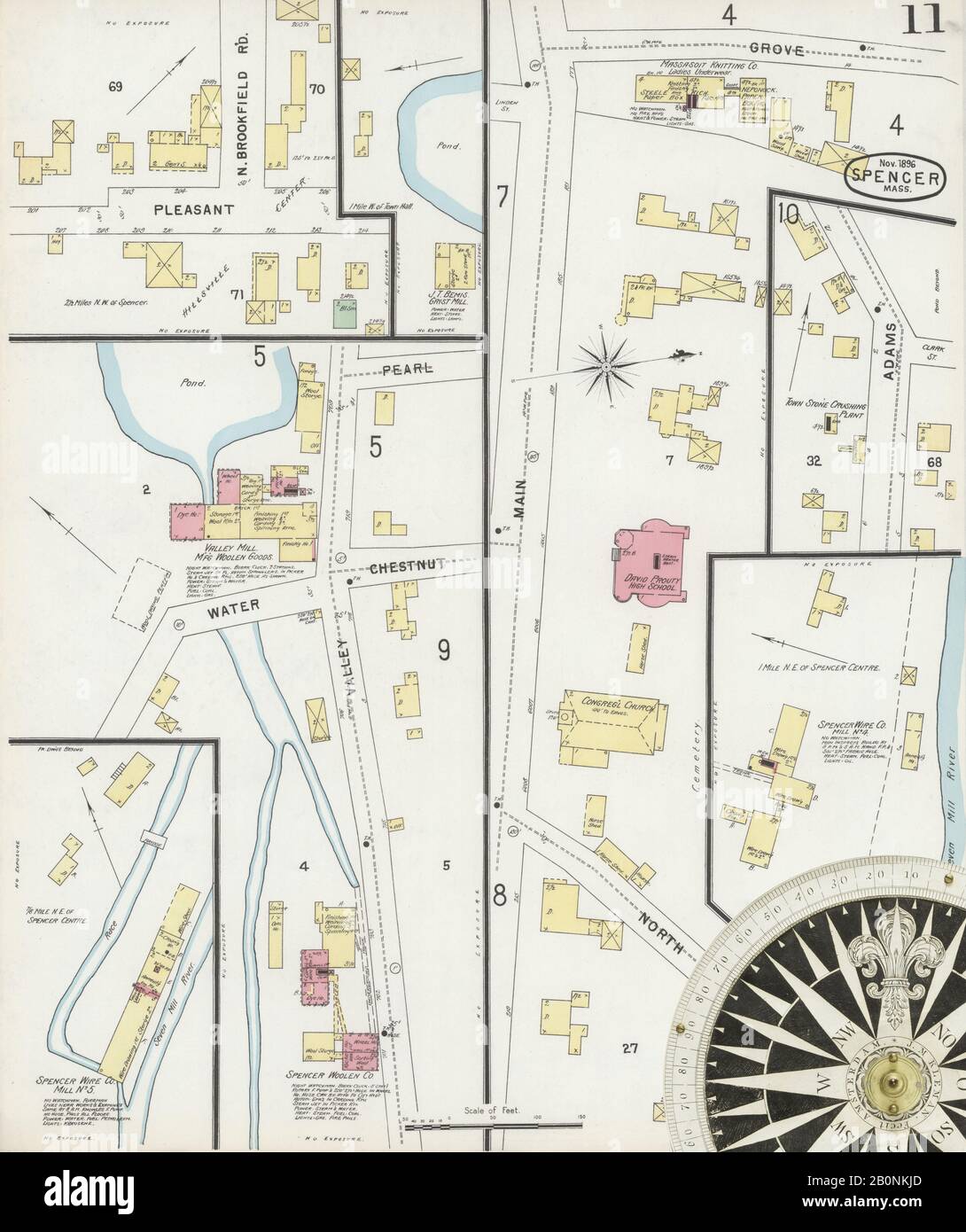 Immagine 11 Della Mappa Sanborn Fire Insurance Di Spencer, Worcester County, Massachusetts. Nov 1896. 11 fogli, America, mappa stradale con una bussola Del Xix Secolo Foto Stock