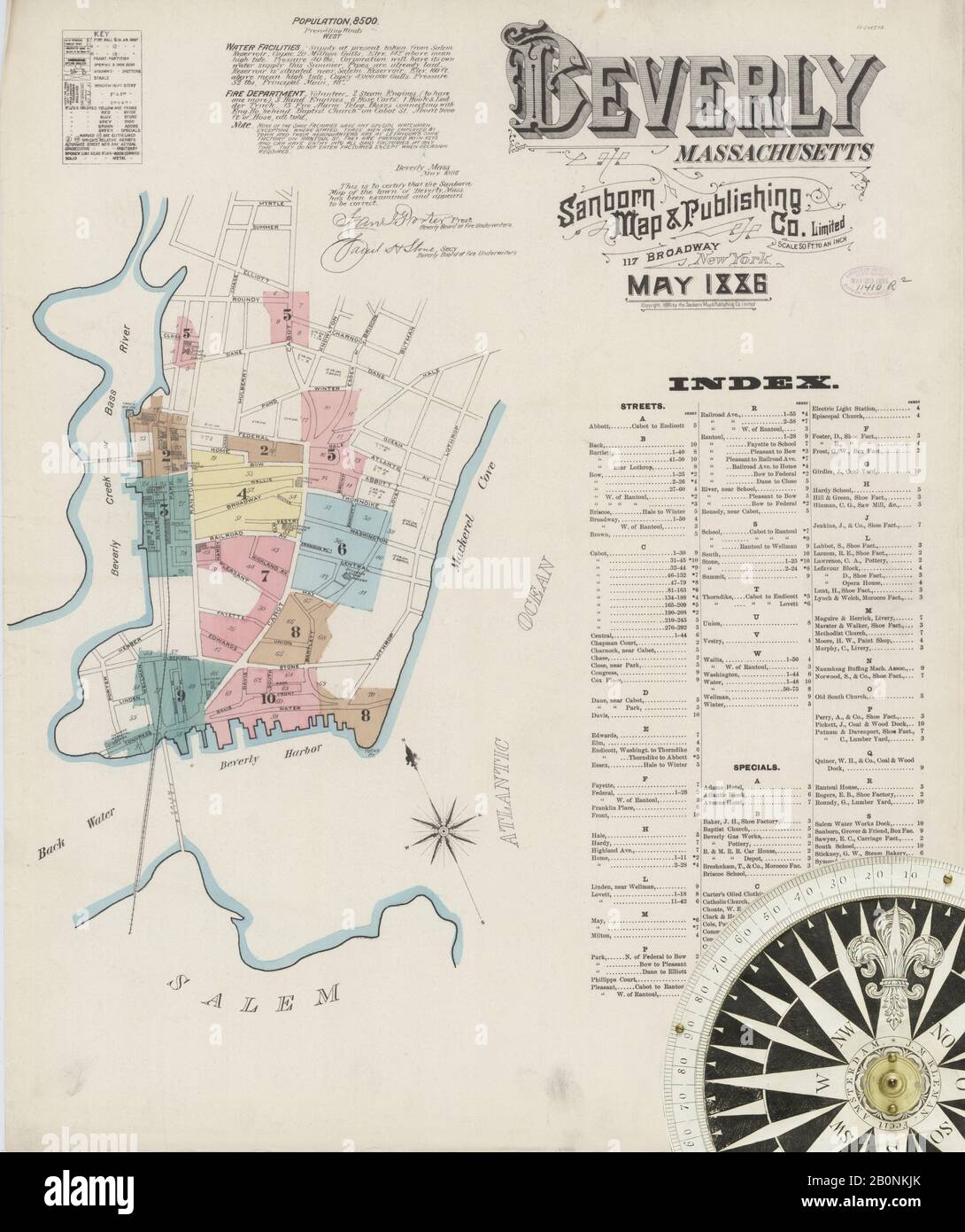 Immagine 1 Della Mappa Sanborn Fire Insurance Di Beverly, Essex County, Massachusetts. Maggio 1886. 10 fogli, America, mappa stradale con una bussola Del Xix Secolo Foto Stock