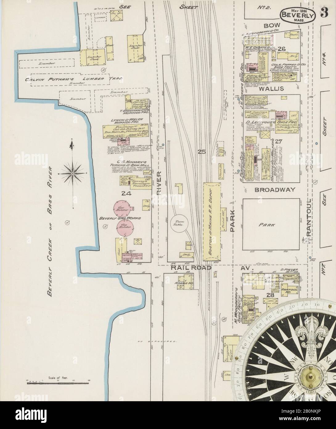 Immagine 3 Della Mappa Sanborn Fire Insurance Da Beverly, Essex County, Massachusetts. Maggio 1886. 10 fogli, America, mappa stradale con una bussola Del Xix Secolo Foto Stock