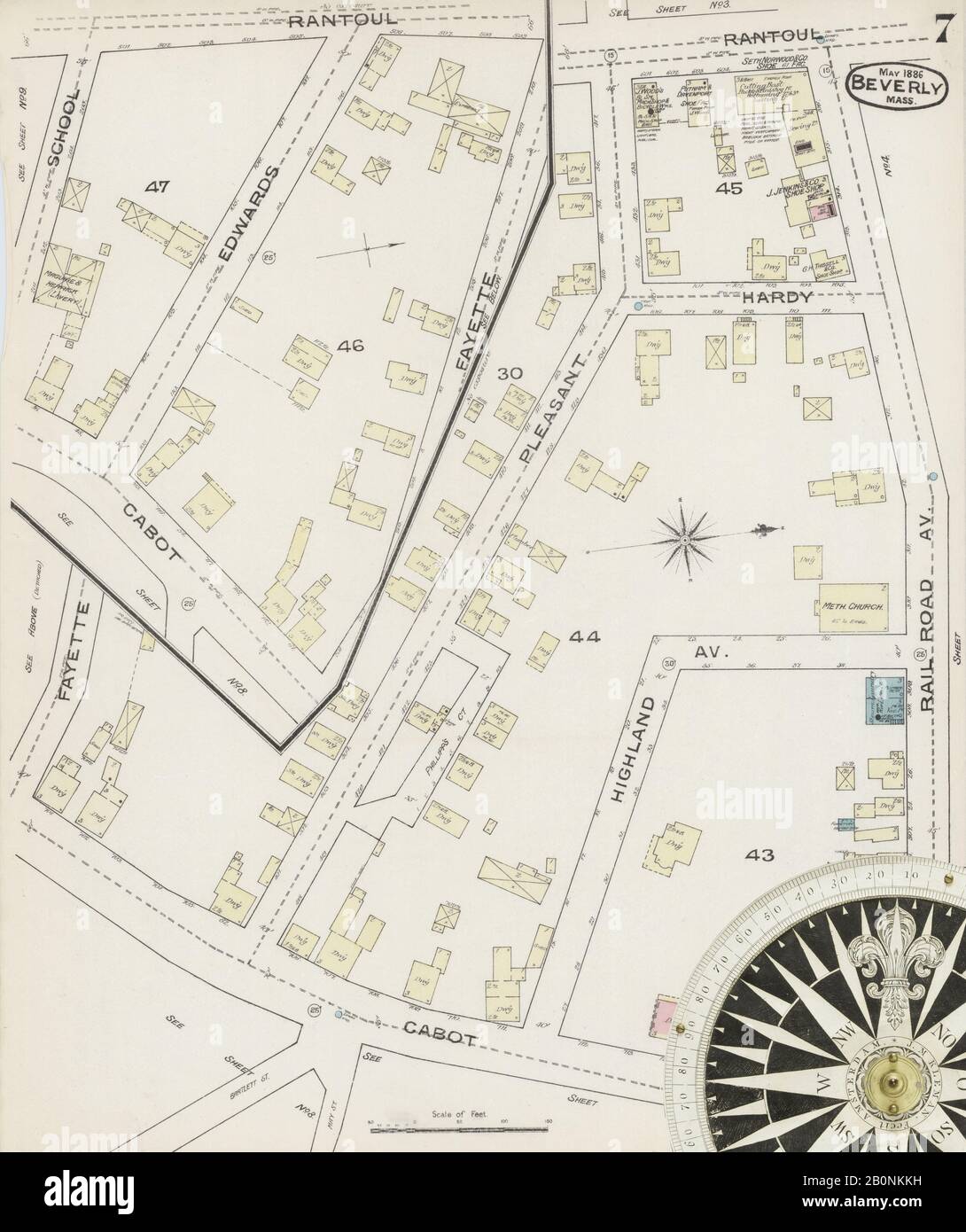 Immagine 7 Della Mappa Sanborn Fire Insurance Da Beverly, Essex County, Massachusetts. Maggio 1886. 10 fogli, America, mappa stradale con una bussola Del Xix Secolo Foto Stock