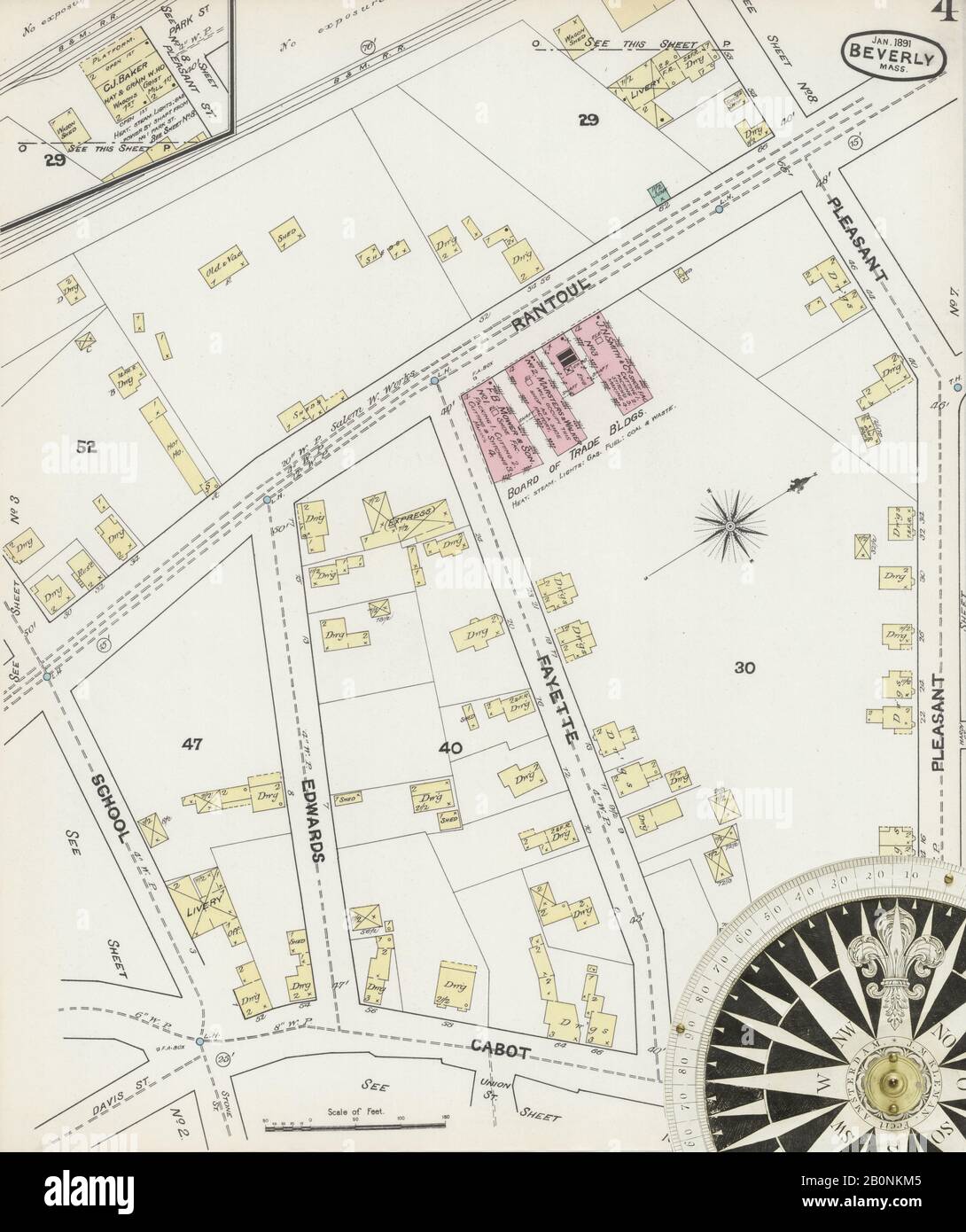 Immagine 4 Della Mappa Sanborn Fire Insurance Da Beverly, Essex County, Massachusetts. Jan 1891. 17 fogli, America, mappa stradale con una bussola Del Xix Secolo Foto Stock