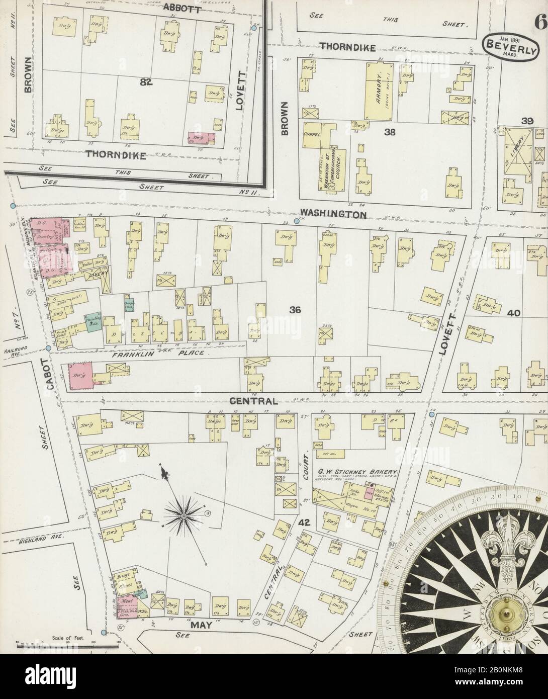 Immagine 6 Della Mappa Sanborn Fire Insurance Da Beverly, Essex County, Massachusetts. Jan 1891. 17 fogli, America, mappa stradale con una bussola Del Xix Secolo Foto Stock