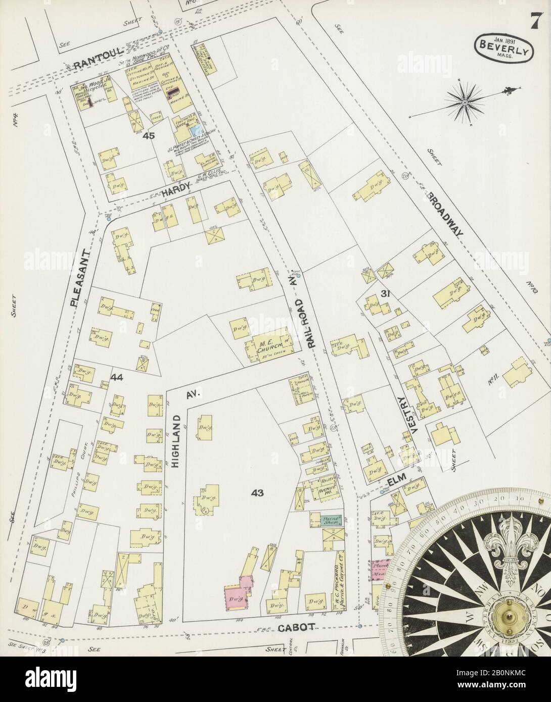 Immagine 7 Della Mappa Sanborn Fire Insurance Da Beverly, Essex County, Massachusetts. Jan 1891. 17 fogli, America, mappa stradale con una bussola Del Xix Secolo Foto Stock