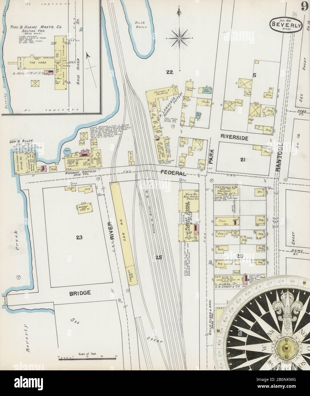 Immagine 9 Della Mappa Sanborn Fire Insurance Di Beverly, Essex County, Massachusetts. Jan 1891. 17 fogli, America, mappa stradale con una bussola Del Xix Secolo Foto Stock