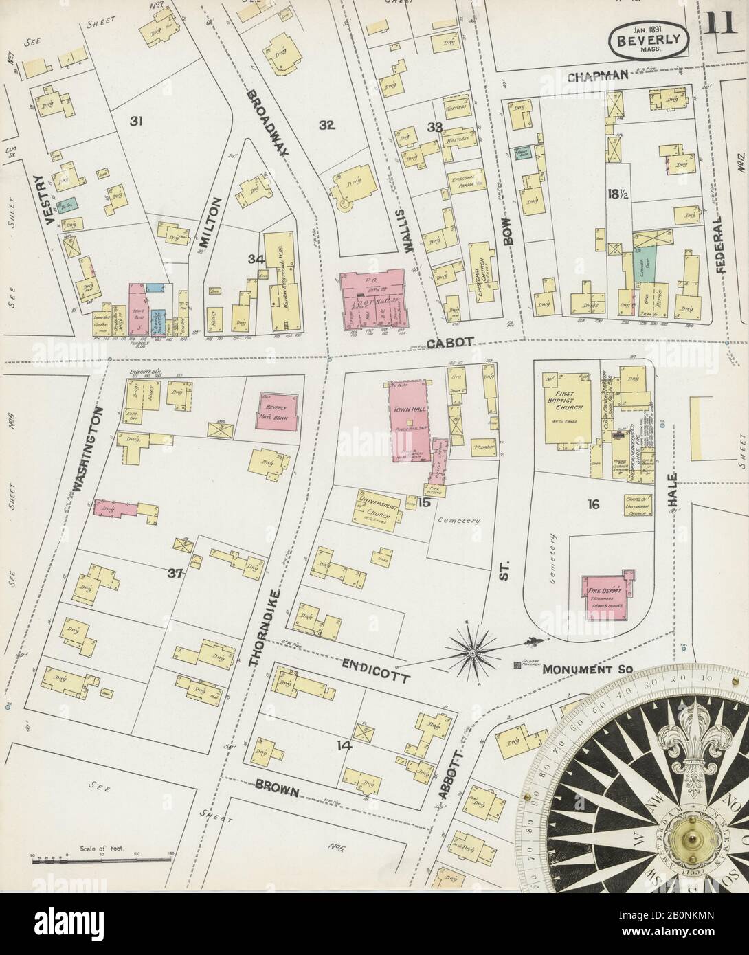 Immagine 11 Della Mappa Sanborn Fire Insurance Da Beverly, Essex County, Massachusetts. Jan 1891. 17 fogli, America, mappa stradale con una bussola Del Xix Secolo Foto Stock