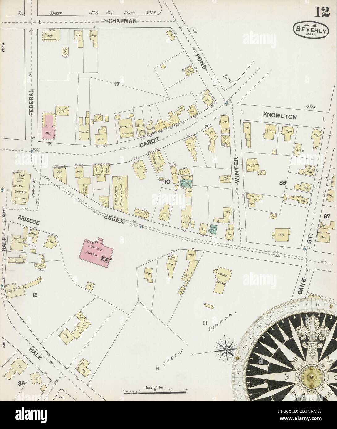 Immagine 12 Della Mappa Sanborn Fire Insurance Da Beverly, Essex County, Massachusetts. Jan 1891. 17 fogli, America, mappa stradale con una bussola Del Xix Secolo Foto Stock