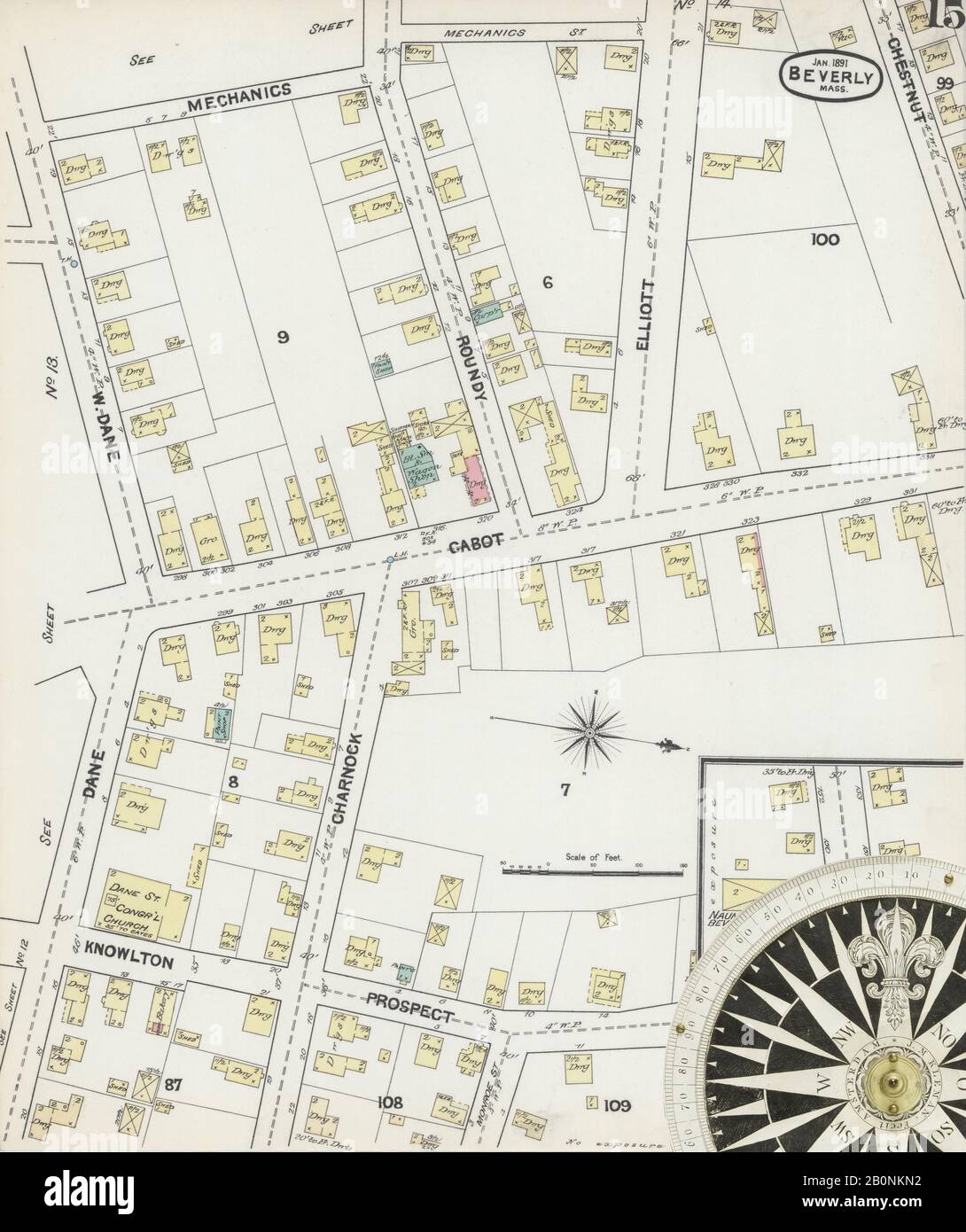 Immagine 15 Della Mappa Sanborn Fire Insurance Da Beverly, Essex County, Massachusetts. Jan 1891. 17 fogli, America, mappa stradale con una bussola Del Xix Secolo Foto Stock