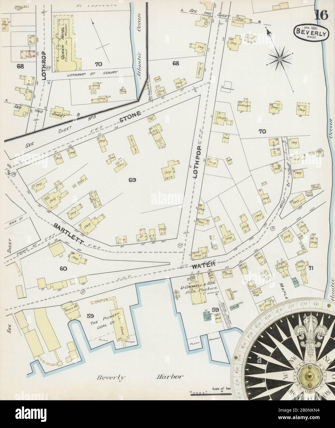 Immagine 16 Della Mappa Sanborn Fire Insurance Da Beverly, Essex County, Massachusetts. Jan 1891. 17 fogli, America, mappa stradale con una bussola Del Xix Secolo Foto Stock