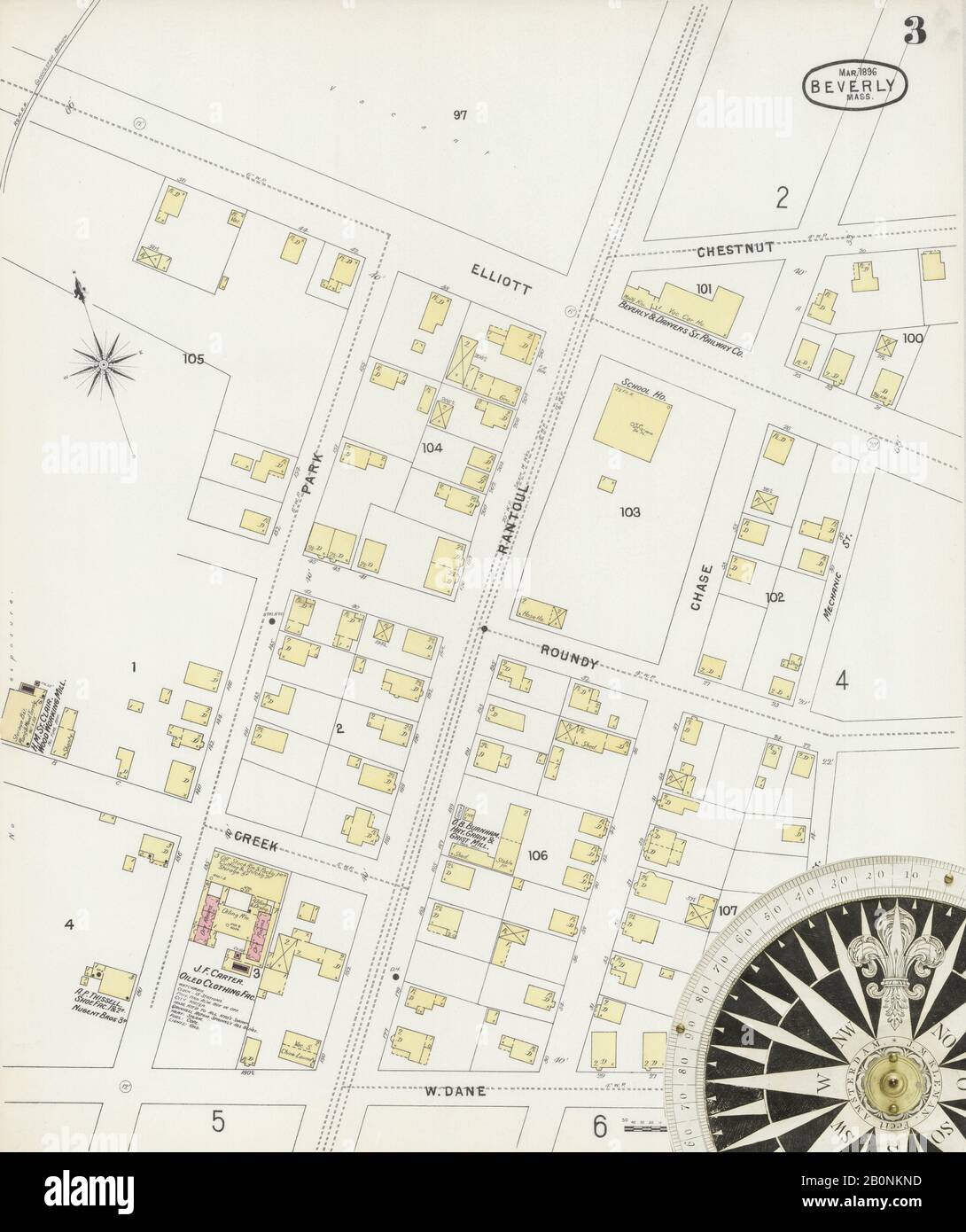 Immagine 3 Della Mappa Sanborn Fire Insurance Da Beverly, Essex County, Massachusetts. Mar 1896. 19 foglio(i), America, mappa stradale con una bussola Del Xix Secolo Foto Stock