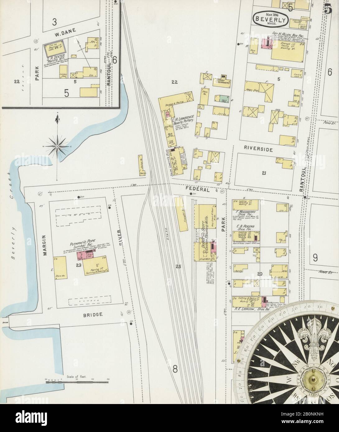 Immagine 5 Della Mappa Sanborn Fire Insurance Da Beverly, Essex County, Massachusetts. Mar 1896. 19 foglio(i), America, mappa stradale con una bussola Del Xix Secolo Foto Stock