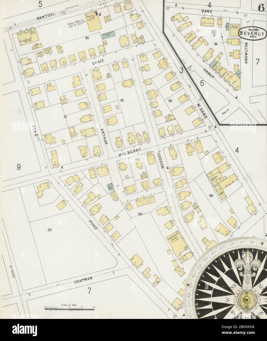 Immagine 6 Della Mappa Sanborn Fire Insurance Da Beverly, Essex County, Massachusetts. Mar 1896. 19 foglio(i), America, mappa stradale con una bussola Del Xix Secolo Foto Stock