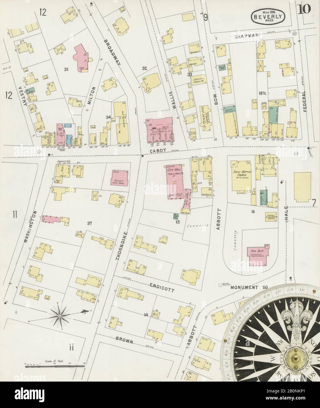 Immagine 10 Della Mappa Sanborn Fire Insurance Da Beverly, Essex County, Massachusetts. Mar 1896. 19 foglio(i), America, mappa stradale con una bussola Del Xix Secolo Foto Stock