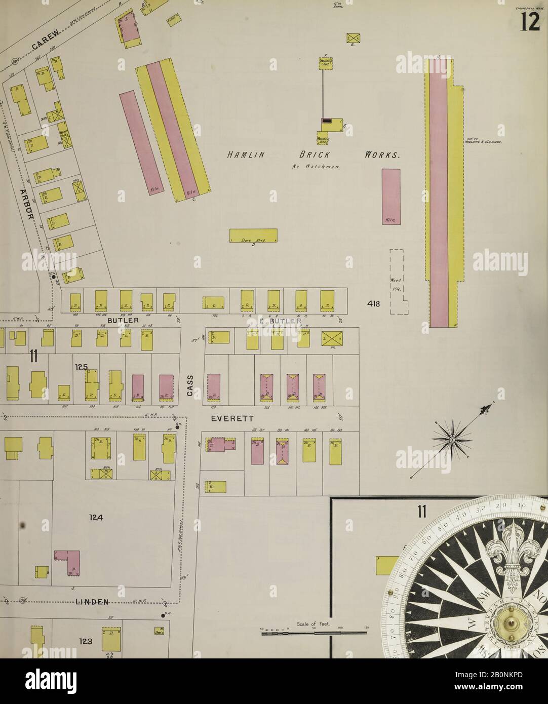 Immagine 13 Della Mappa Sanborn Fire Insurance Da Springfield, Hampden County, Massachusetts. 1896. 85 fogli. 6 mappe scheletriche, America, mappa stradale con bussola Ottocentesca Foto Stock