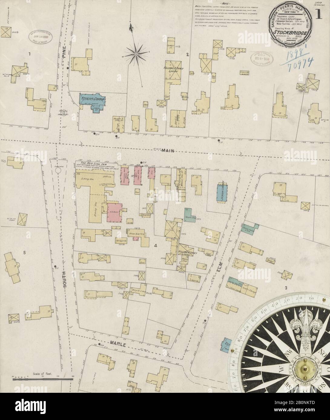 Immagine 1 Della Mappa Sanborn Fire Insurance Di Stockbridge, Berkshire County, Massachusetts. Nov 1898. 2 fogli, America, mappa stradale con una bussola Del Xix Secolo Foto Stock