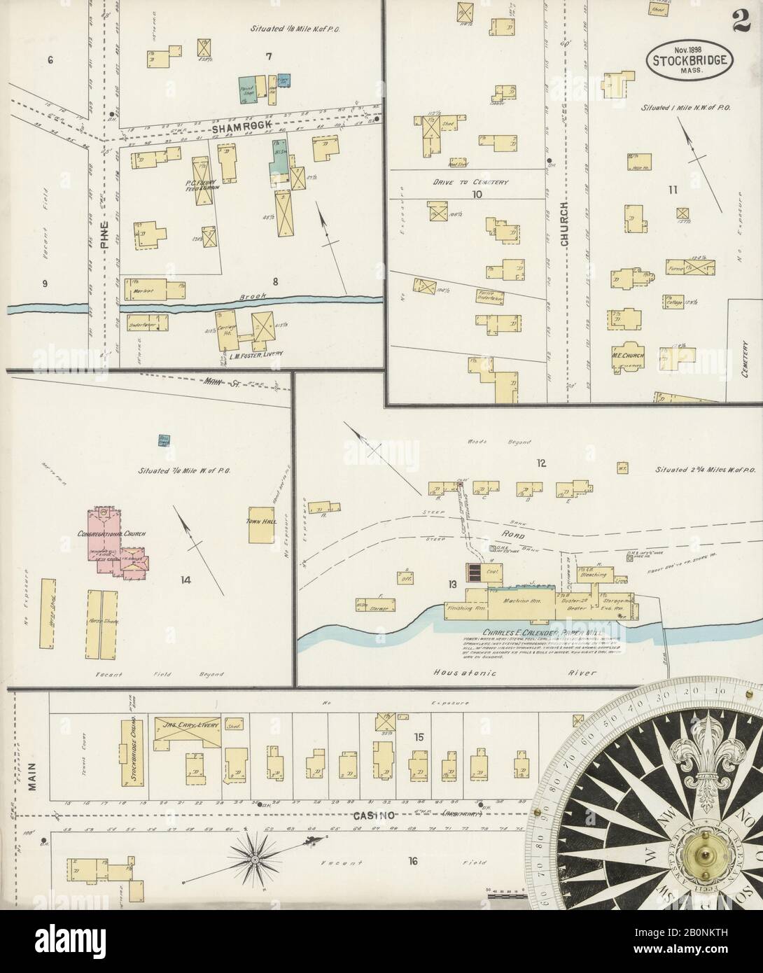 Immagine 2 Della Mappa Sanborn Fire Insurance Di Stockbridge, Berkshire County, Massachusetts. Nov 1898. 2 fogli, America, mappa stradale con una bussola Del Xix Secolo Foto Stock