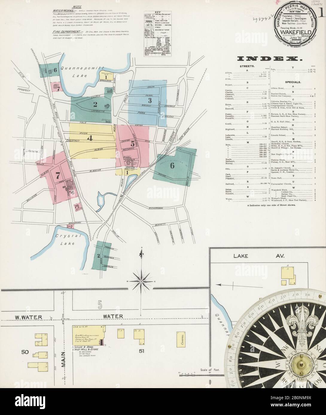 Immagine 1 Della Mappa Sanborn Fire Insurance Di Wakefield, Middlesex County, Massachusetts. Giu 1892. 7 fogli, America, mappa stradale con una bussola Del Xix Secolo Foto Stock