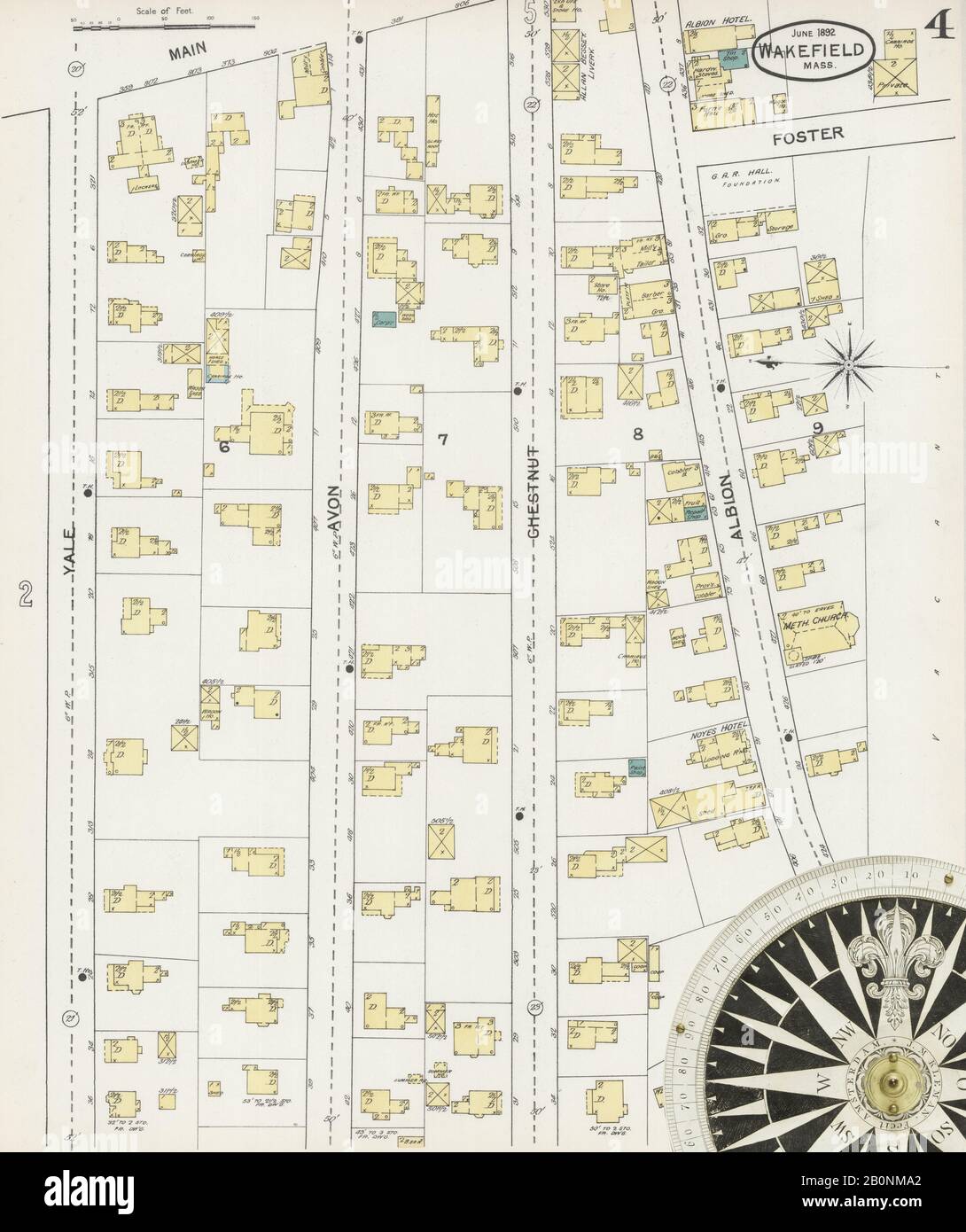 Immagine 4 Della Mappa Sanborn Fire Insurance Di Wakefield, Middlesex County, Massachusetts. Giu 1892. 7 fogli, America, mappa stradale con una bussola Del Xix Secolo Foto Stock
