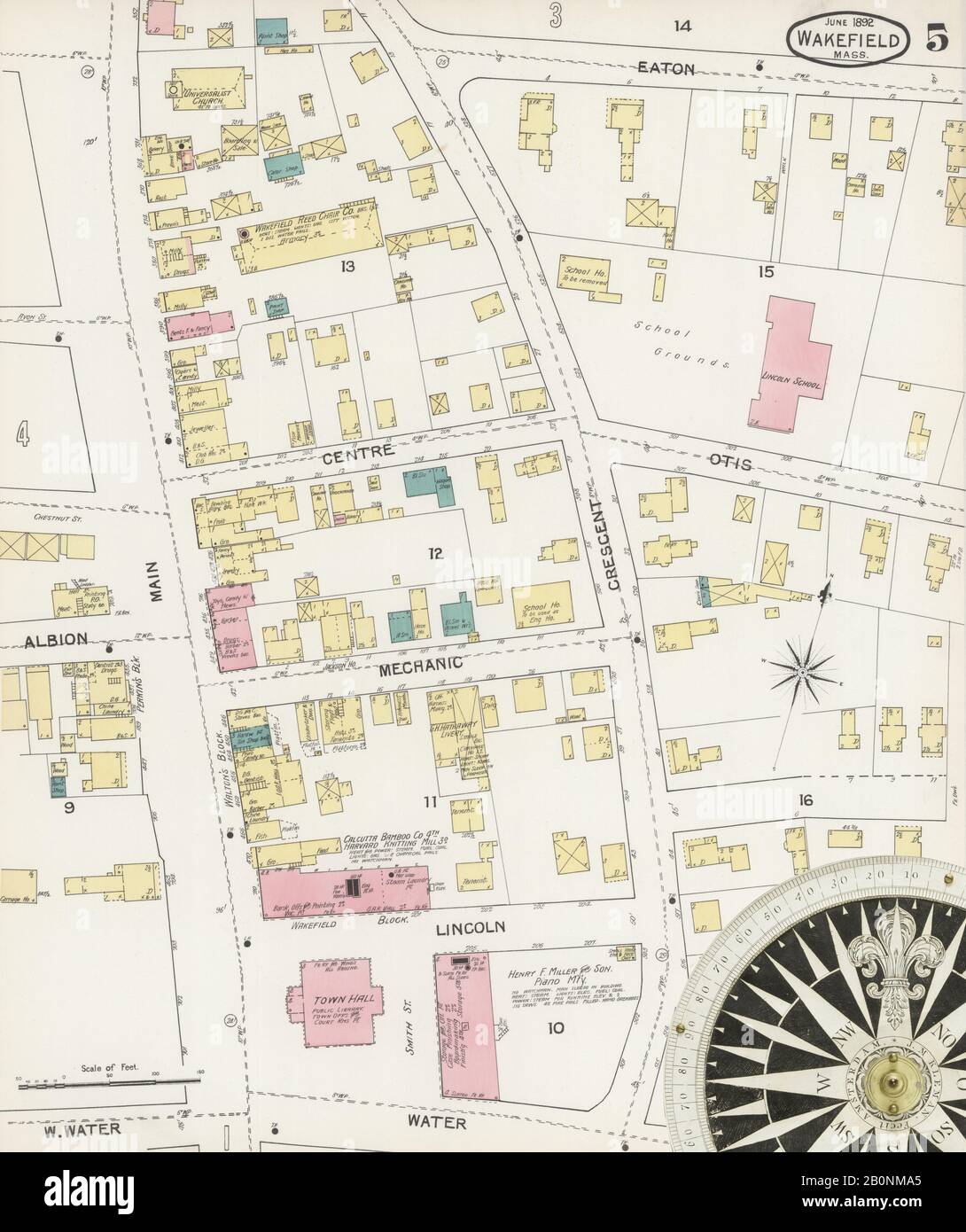 Immagine 5 Della Mappa Sanborn Fire Insurance Di Wakefield, Middlesex County, Massachusetts. Giu 1892. 7 fogli, America, mappa stradale con una bussola Del Xix Secolo Foto Stock