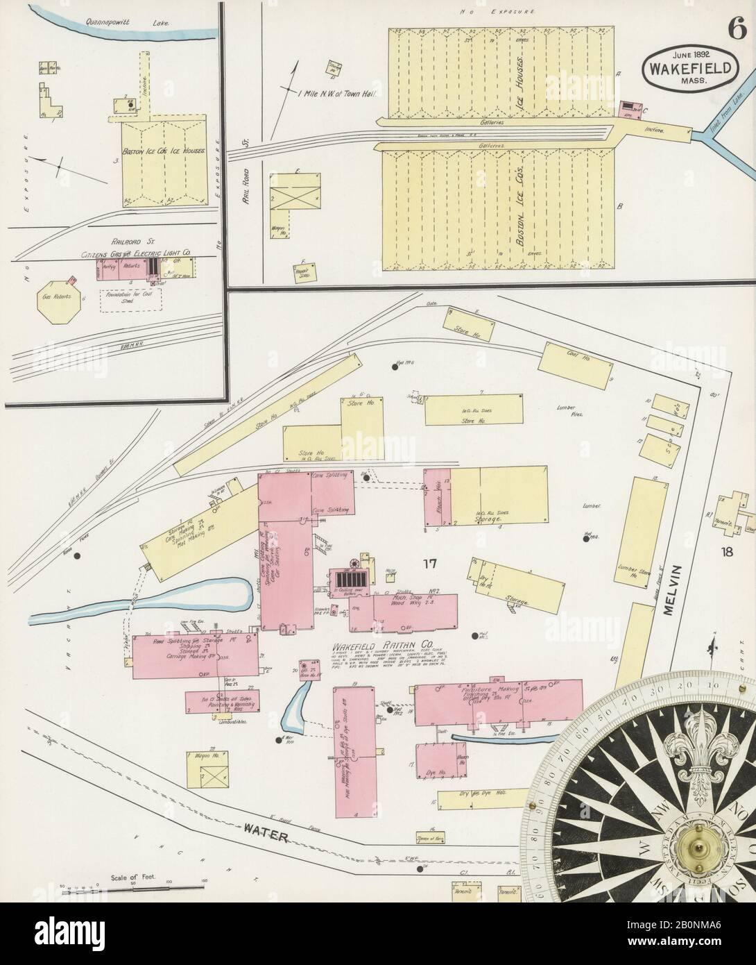 Immagine 6 Della Mappa Sanborn Fire Insurance Di Wakefield, Middlesex County, Massachusetts. Giu 1892. 7 fogli, America, mappa stradale con una bussola Del Xix Secolo Foto Stock